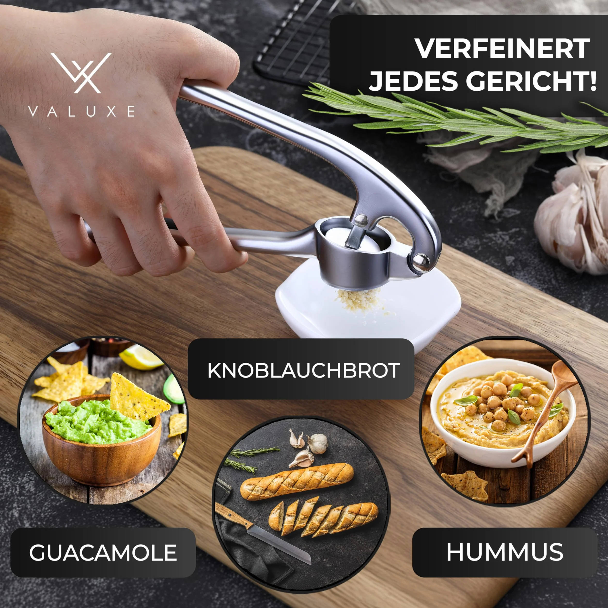 VALUXE® praska do czosnku nadaje się do mycia w zmywarce z mocnym działaniem dźwigni - Praktyczna praska do czosnku - Profesjonalna prasa do czosnku, ręczna prasa wysokiej jakości i wytrzymała