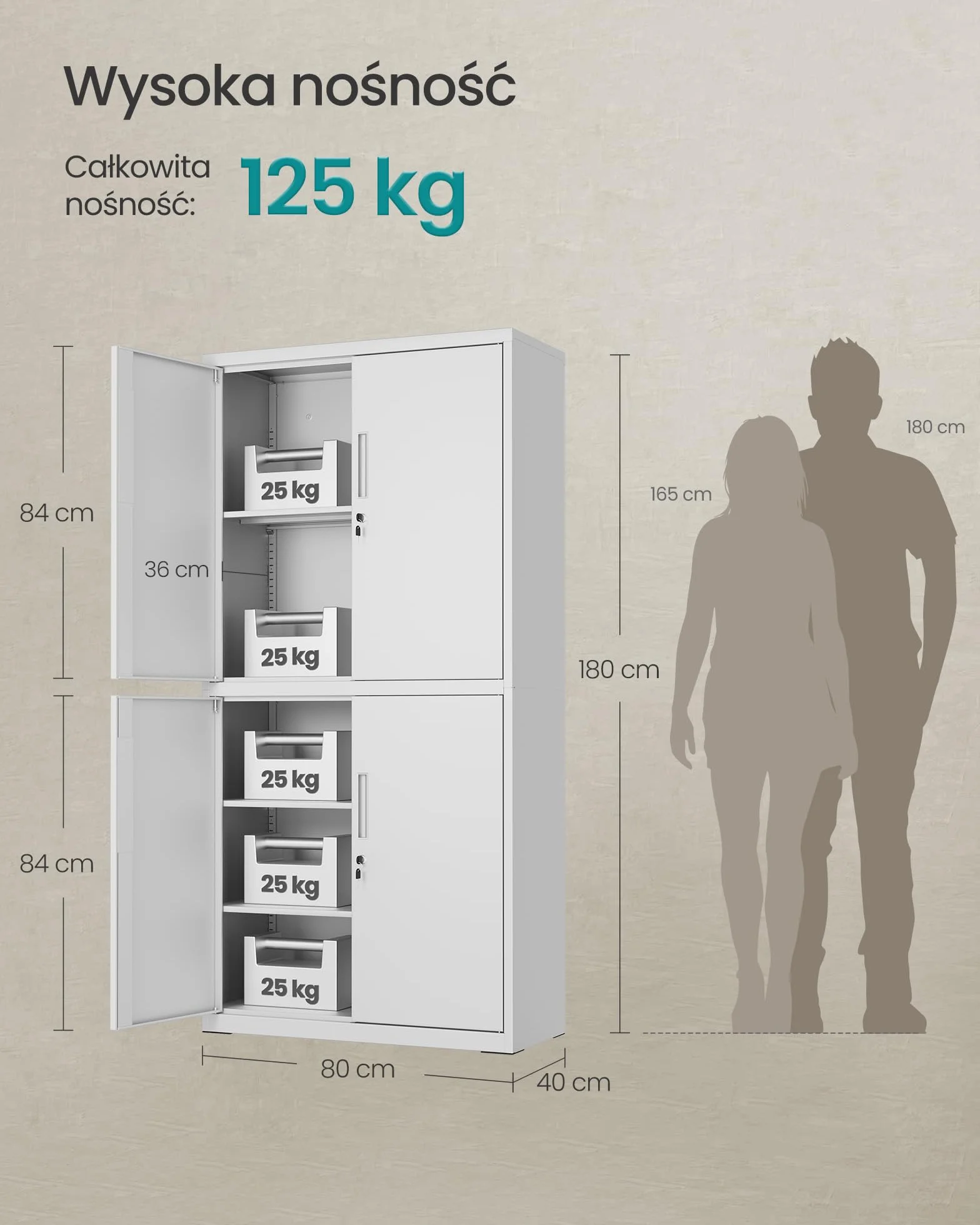 SONGMICS Metalowa szafka garażowa, wielofunkcyjna szafka na dokumenty z 4 drzwiami i 5 półkami, 40 x 80 x 180 cm, zamykana, z 2 zamkami, regulowanymi półkami, matowa szara OMC016G01
