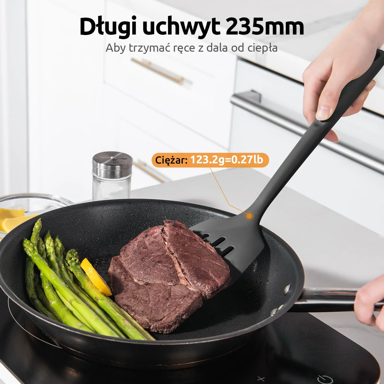 U-Taste Bardzo długa silikonowa szpatułka: odporna na ciepło 315 ℃, solidna i szczelinowa szpatułka kuchenna, łopatka do gotowania do smażenia naleśników rybnych (Czarny, 2 sztuki)