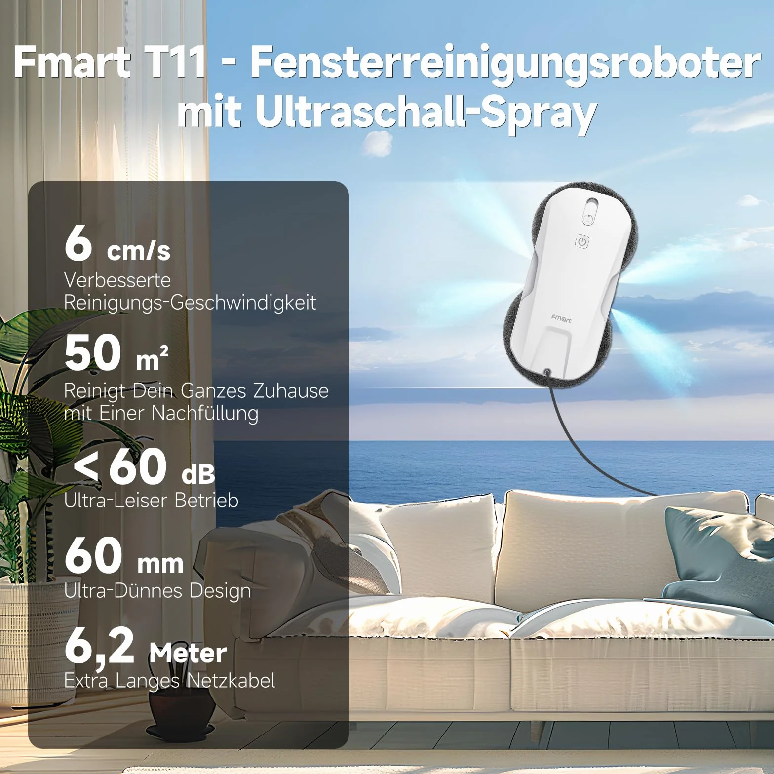 Fmart T11 robot do mycia okien z 10 ściereczkami, automatyczny czterokierunkowy system natryskowy z potrójnym systemem bezpieczeństwa, inteligentna nawigacja, pilot zdalnego sterowania, do wszystkich