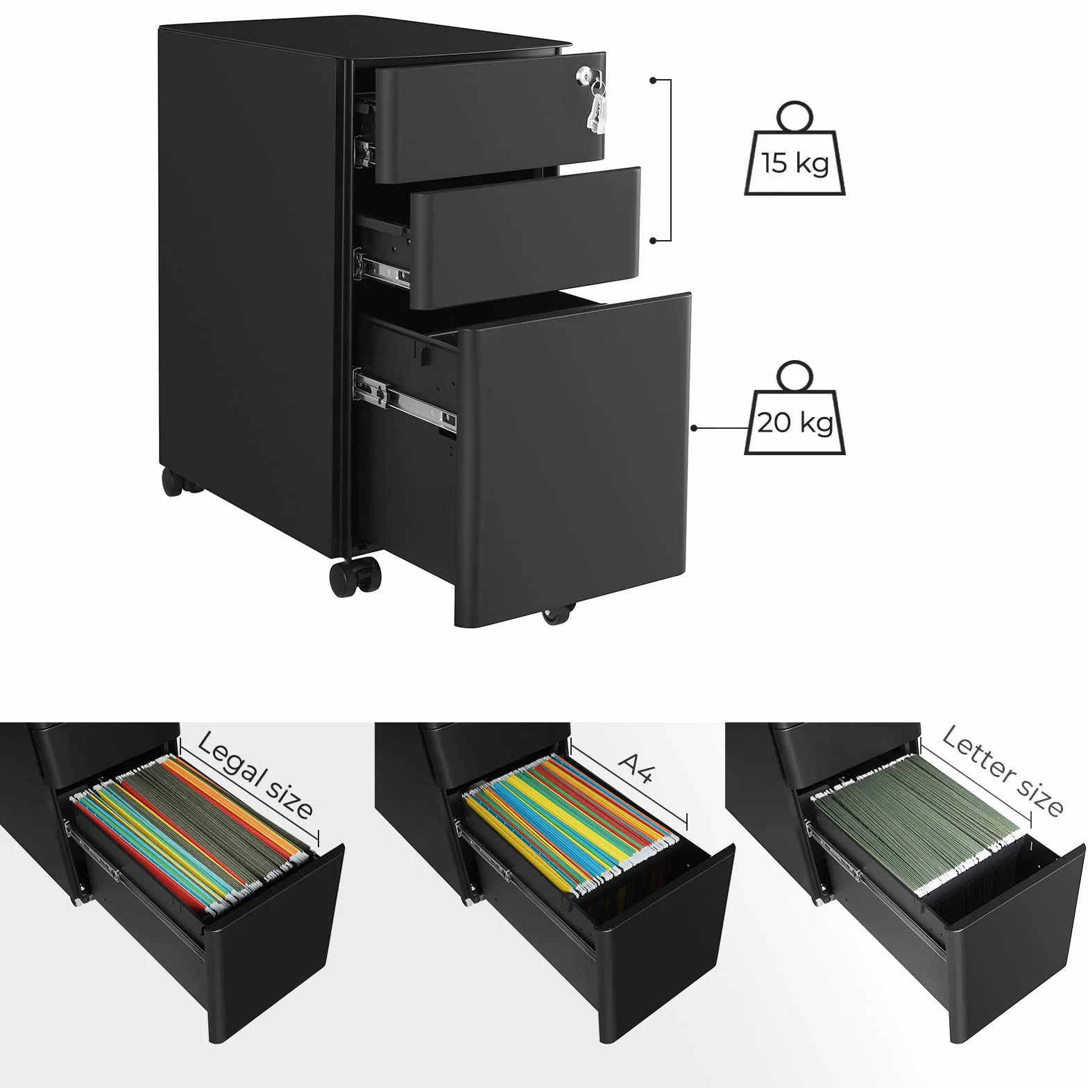 SONGMICS Cassettiera da Ufficio, Mobiletto per Documenti con Rotelle e Serratura, Corpo Preassemblato, per A4, Format Legale e di Lettera, Cancelleria e Cartelle Sospese, Nero OFC030B01