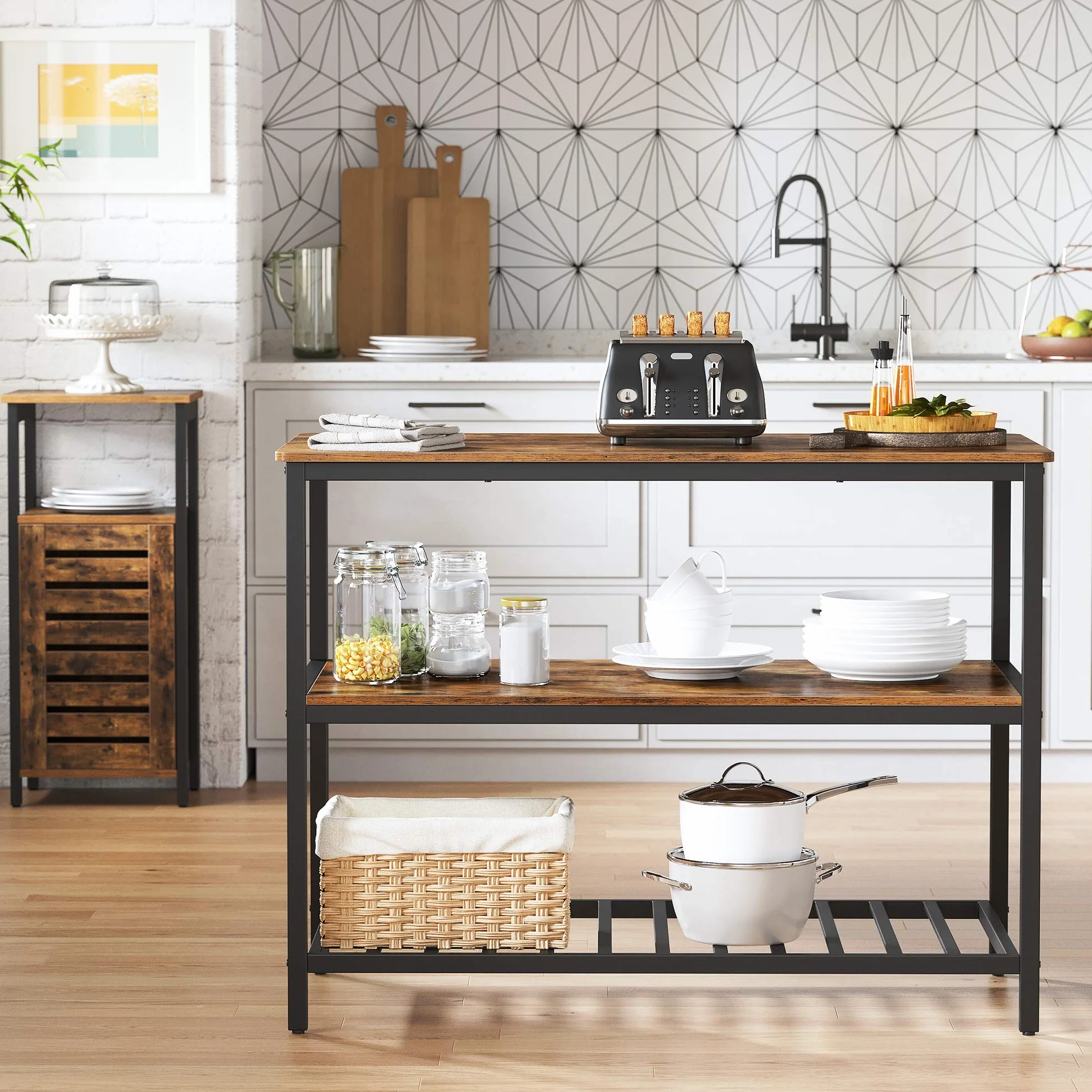 VASAGLE Wyspa Kuchenna z Blatem 120x60x90 cm Metalowa Rama Vintage Brązowo-Czarny