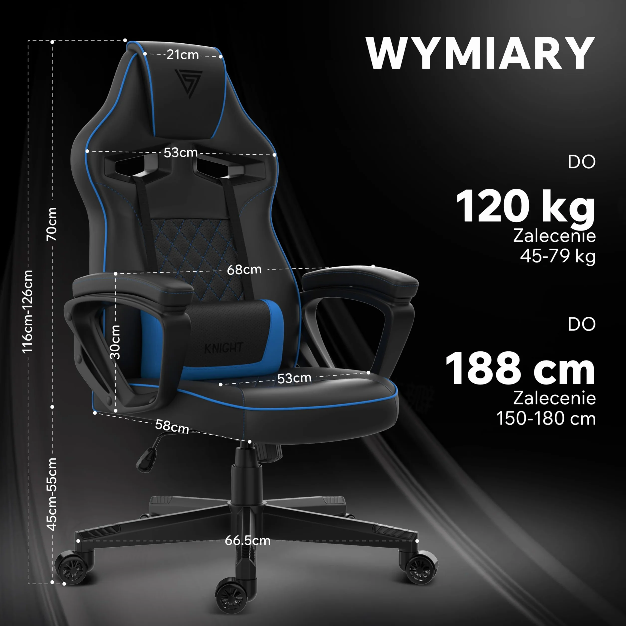 SENSE7 Knight ergonomiczny fotel gamingowy z regulowaną poduszką lędźwiową, skóra PU, do 120 kg, czarno-niebieski