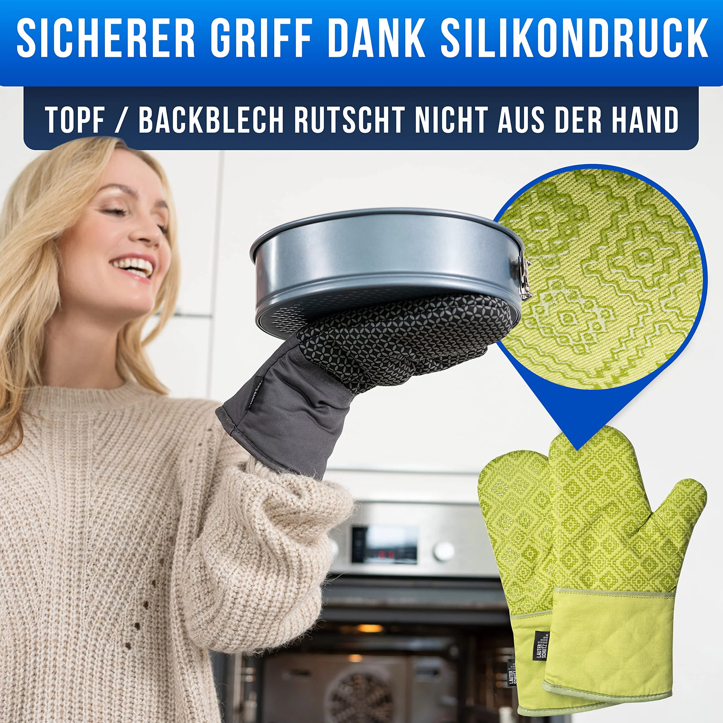 LAUTER SCHUTZ ® rękawice kuchenne w parze, z powłoką silikonową zapewniającą optymalną przyczepność i odporność na wysokie temperatury (ciepło kontaktowe: 250°C), nadają się do kuchni i do grillowania (niemiecki producent), kolor zielony.