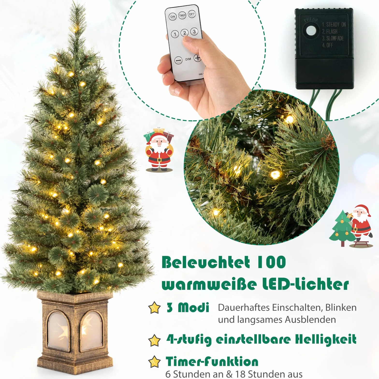COSTWAY Sztuczna choinka 120 cm z oświetleniem, choinka w doniczce, z ciepłymi białymi diodami LED i timerem i 116 gałązkami z PCW, drzewko doniczkowe do wejścia, domu, biura, zielona