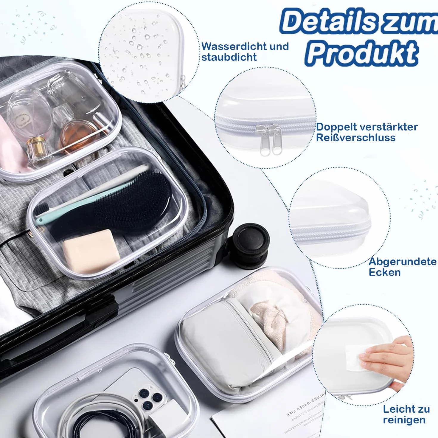 Przezroczysta kosmetyczka z twardą obudową, wodoszczelna, do przechowywania zabawek, na podróż, kosmetyczka z zamkiem błyskawicznym, na kosmetyki, klocki, puzzle, 2 sztuki