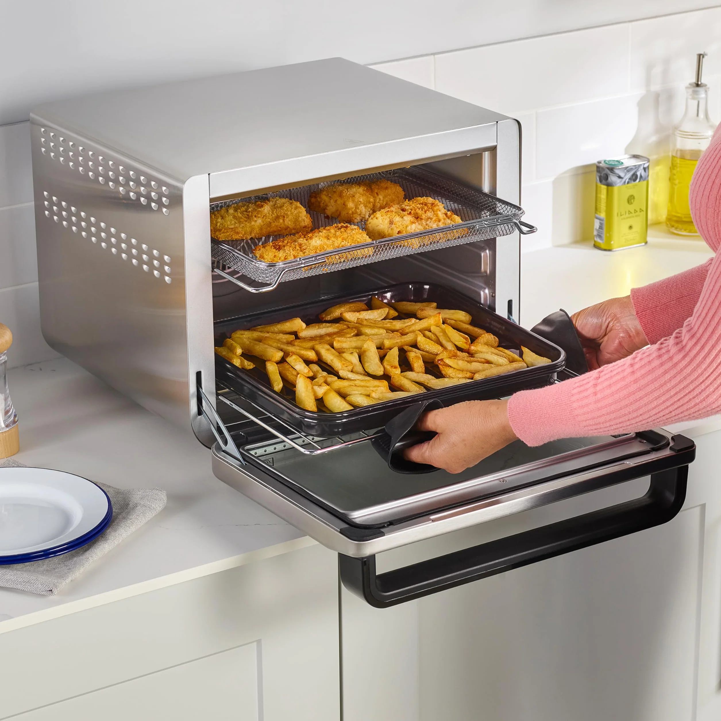 Ninja Foodi 10 w 1, piekarnik wielofunkcyjny, przenośny mini piekarnik na blat, frytkownica beztłuszczowa, pieczenie, grill, ciasta i więcej,10 funkcji gotowania, srebrno/czarny, DT200EU