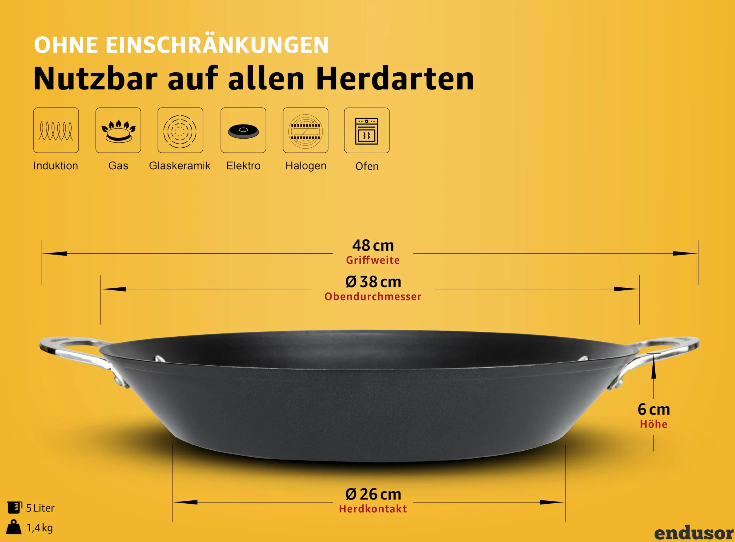 endusor Paella patelnia indukcyjna Ø 38 cm z powłoką zapobiegającą przywieraniu | dla 6-8 osób | wszystkie rodzaje kuchenek + piekarnik + grill gazowy | profesjonalna patelnia do paelli wykonana z