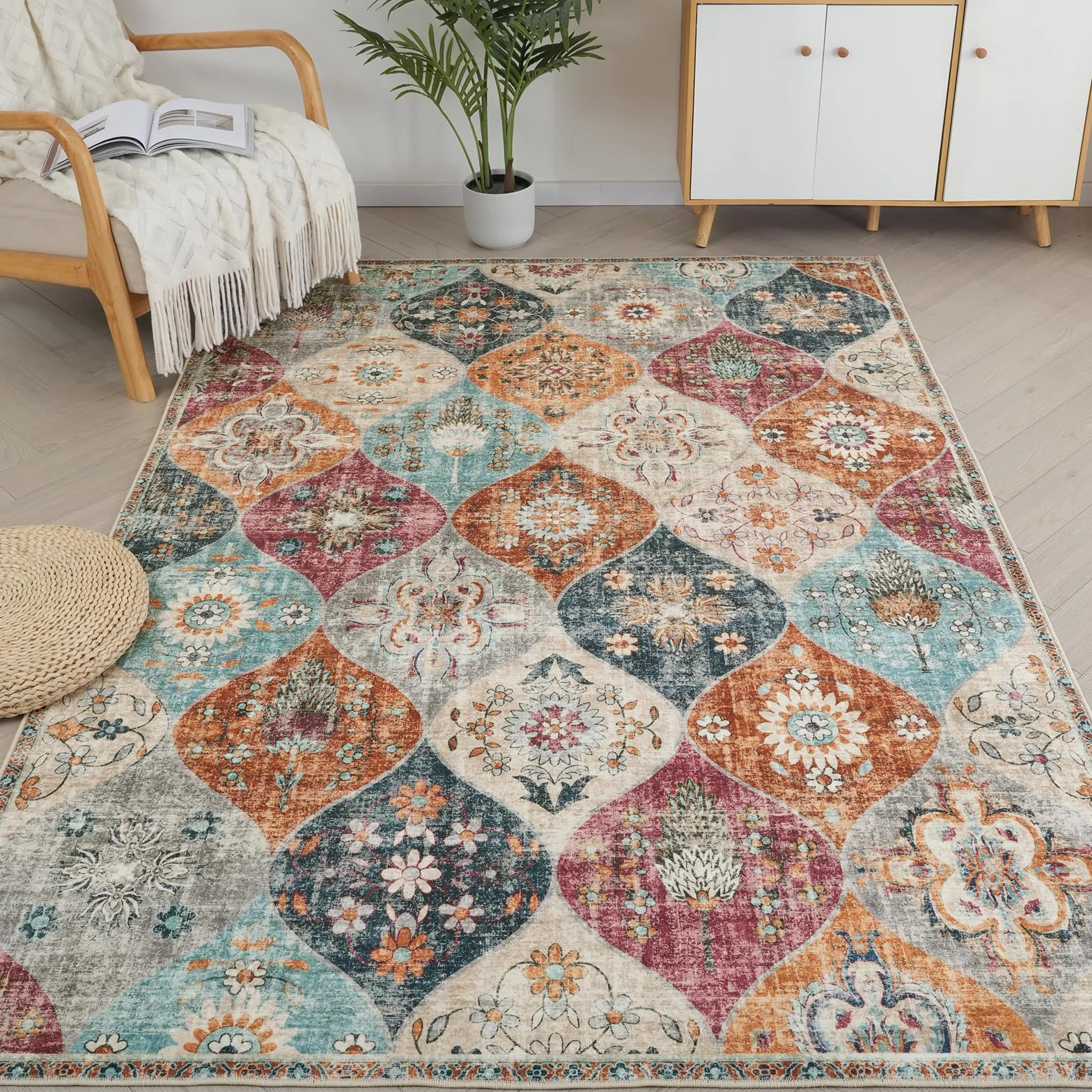 Xfrog Dywan w kwiaty boho - Antypoślizgowy, nadaje się do prania, ultramiękki, antyczny dywan płaski z niskim runem do salonu, sypialni, pokoju dziecięcego – 200 x 300 cm