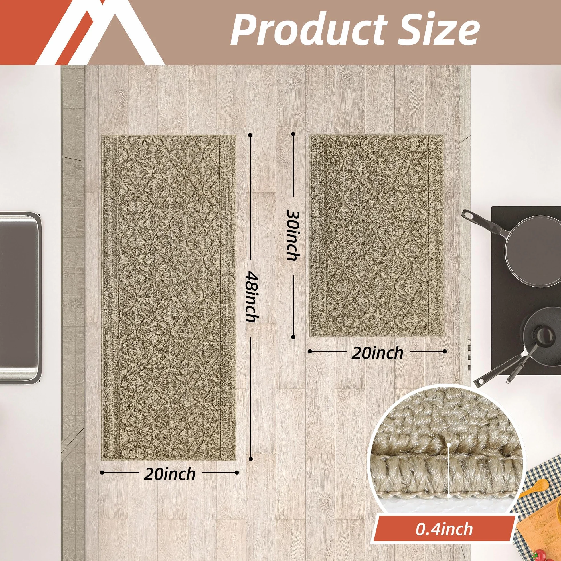 COSY HOMEER 48x20 Inch/30X20 Inch Kitchen Rug Mats Made of 100% Polypropylene 2 Pieces Soft Kitchen Mat Specialized in Anti Slippery and Machine Washable for Home Kitchen,Beige
