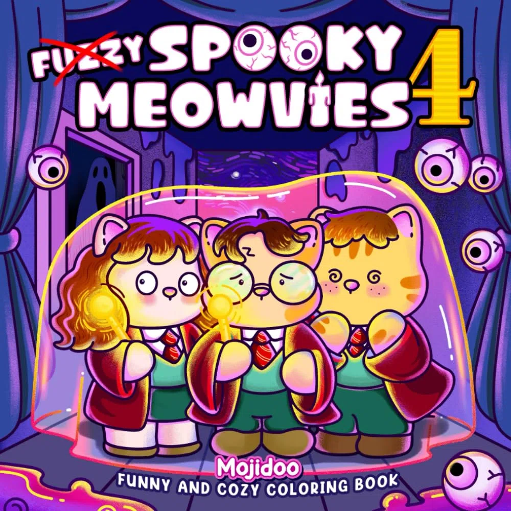 Spooky Meowvies: Cozy and Cute Coloring Book for Adults & Teens Featuring Creepy and Fuzzy Cat Friends in Movie-Inspired Scenes