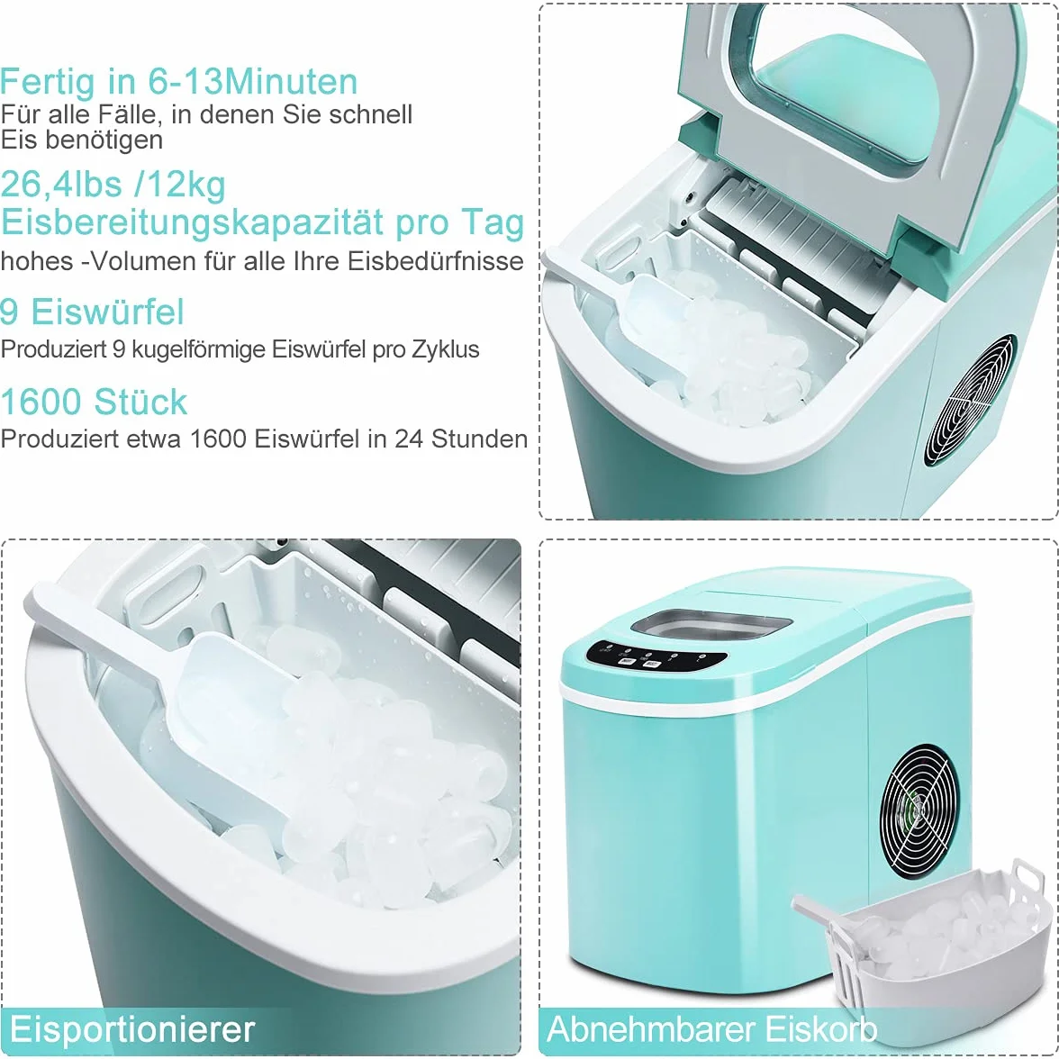COSTWAY Kostkarka do lodu 12 kg/24 h, 9 kostek w 6-13 min, 2,2 l, 2 rozmiary, 25 x 36 x 33 cm zielona
