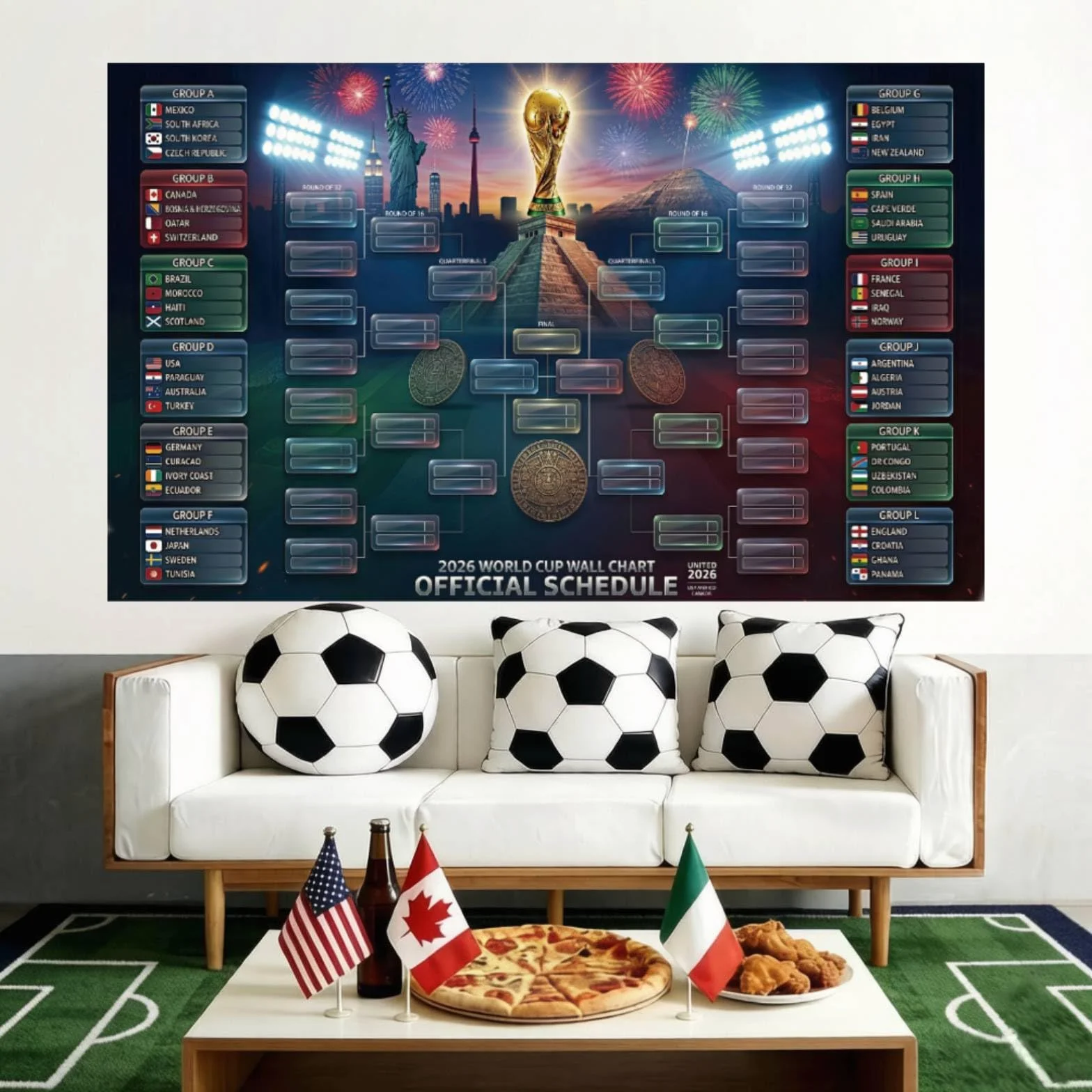 Plakat z planem meczów MŚ 2026 – turniej piłkarski FIFA, przegląd ścienny, 48 drużyn, drzewo turniejowe, artykuł dla fanów Mistrzostw Świata, dekoracja na imprezę piłkarską, prezenty dla fanów piłki