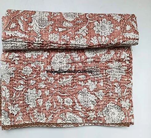 Indyjski blok na rękę, kwiatowy nadruk, ręcznie robiona bawełna Kantha, pikowanie, boho, narzuta, koc, hipisowska królowa, rozmiar king size, boho, blok Kantha, kołdra, 152 x 228 cm