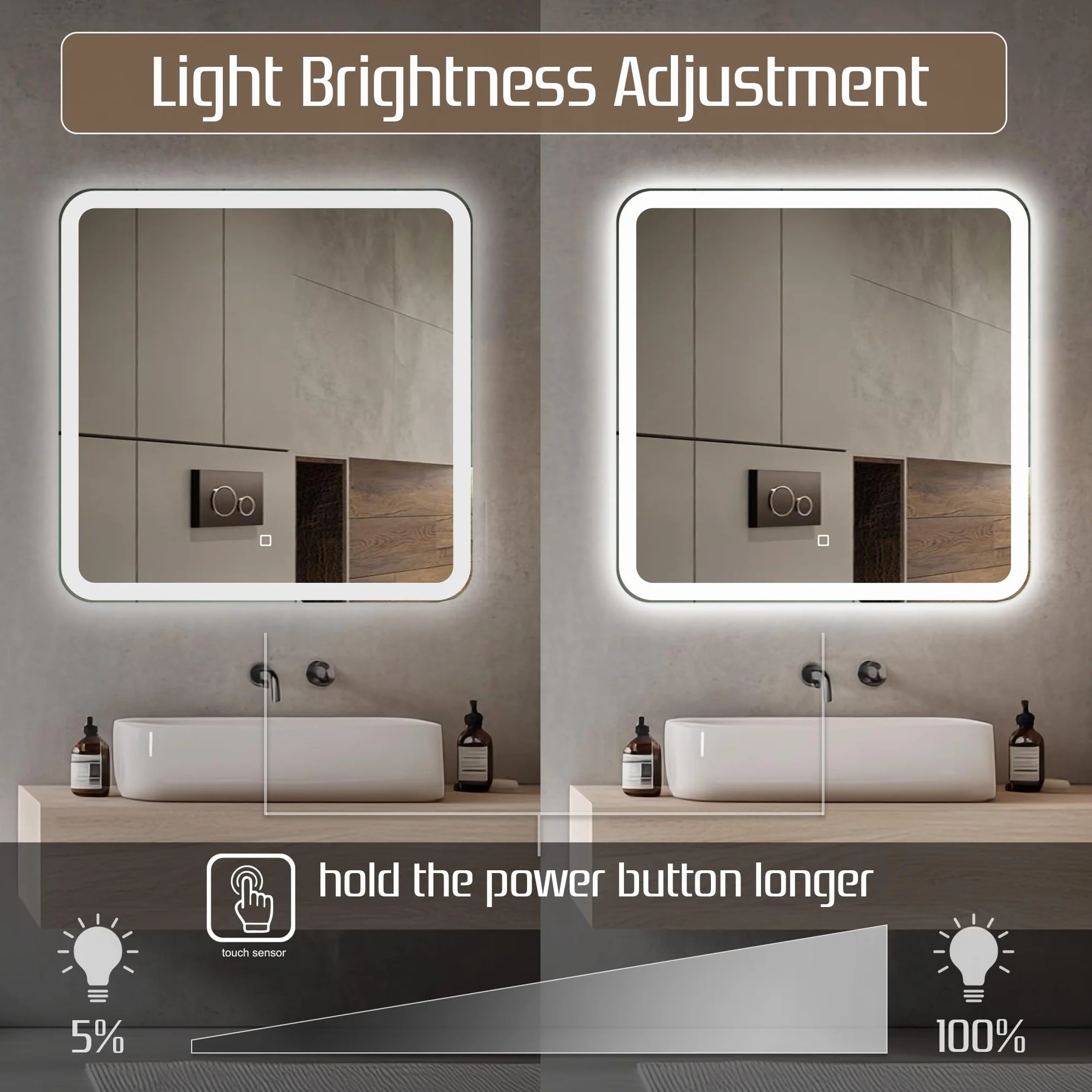 Venti Kwadratowe Lustro Łazienkowe LED 60x60cm, Lustro ścienne z oświetleniem LED, Naturalne Białe Światło, Zaokrąglone rogi, Podświetlane z przodu