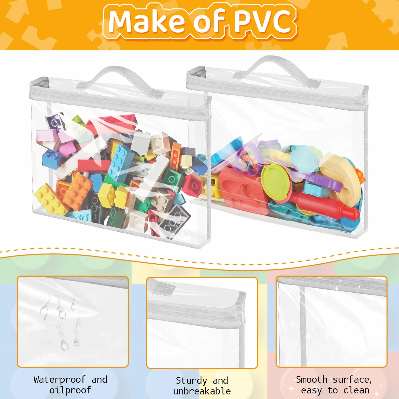 10 dużych toreb do przechowywania zabawek z PCW z zamkiem błyskawicznym, 33 x 31 x 8 cm, wodoodporny i wielokrotnego użytku organizer do przechowywania zabawek