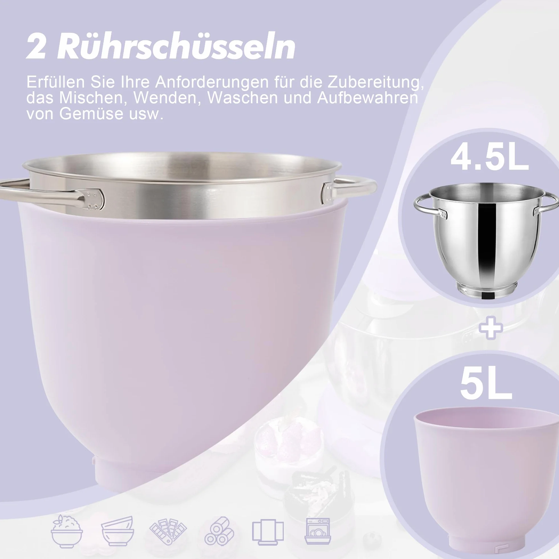 Kitchen in the box robot kuchenny, 4,5 L i 5 L maszyna do ugniatania ciasta, mikser ciasta z 10+P prędkościami z hakiem do zagniatania, mieszadłem i trzepaczką, 1300 W, fioletowy