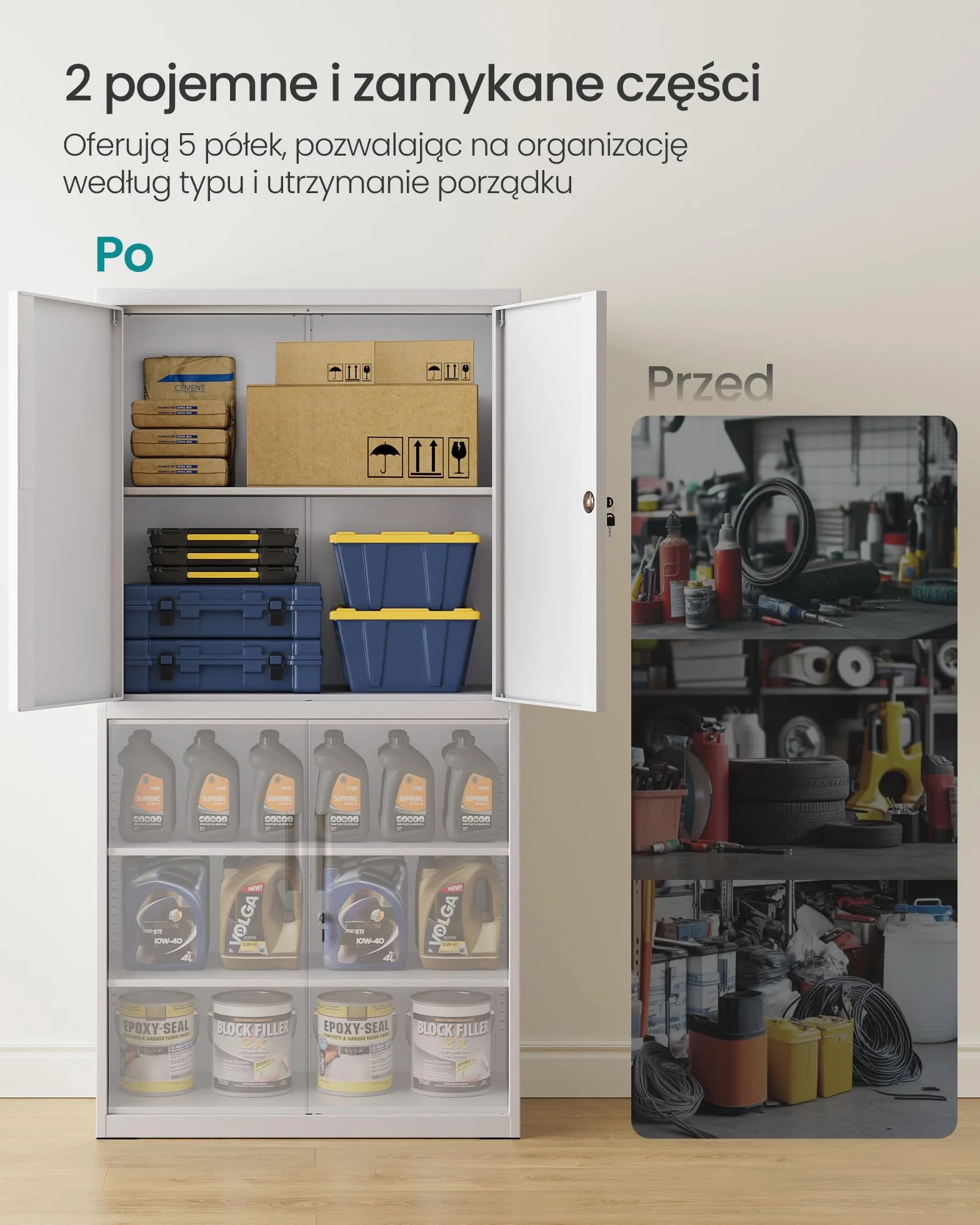 SONGMICS Metalowa szafka garażowa, wielofunkcyjna szafka na dokumenty z 4 drzwiami i 5 półkami, 40 x 80 x 180 cm, zamykana, z 2 zamkami, regulowanymi półkami, matowa szara OMC016G01