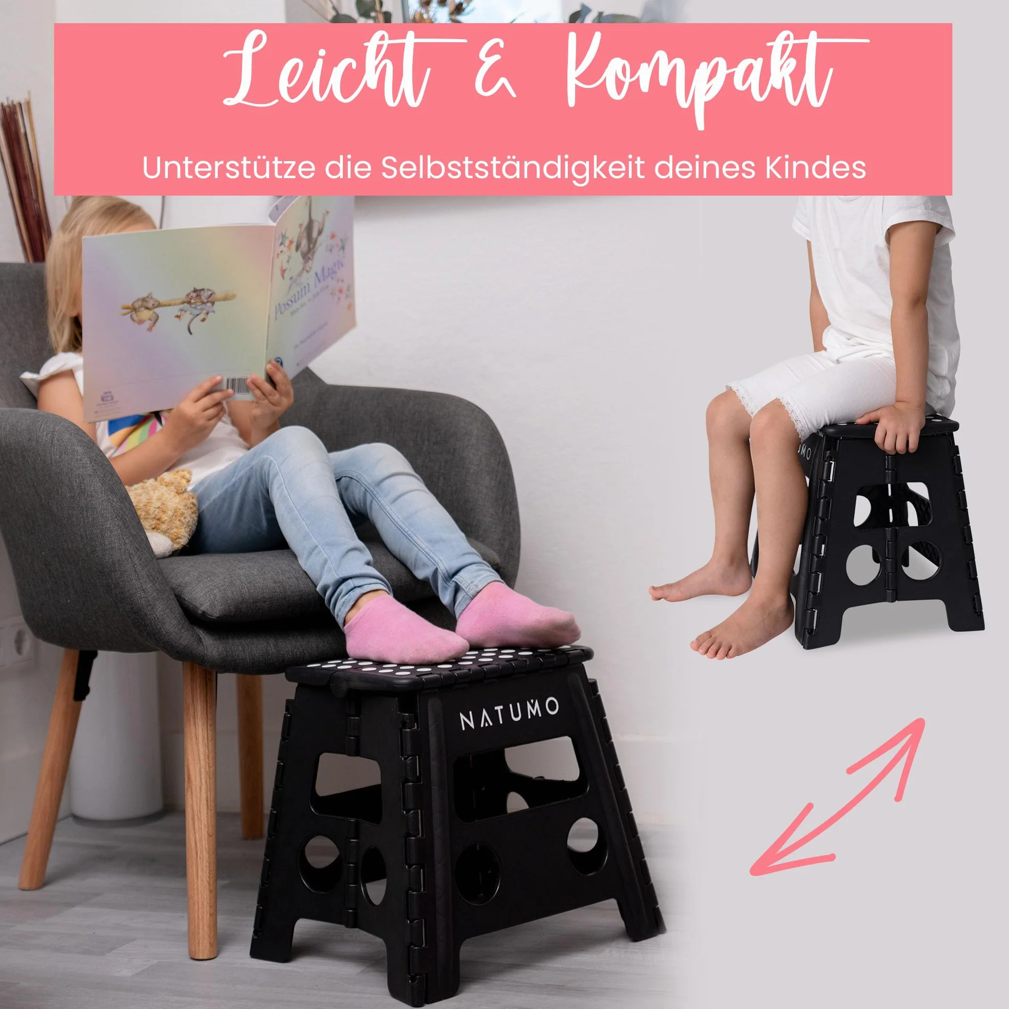 NATUMO® Składany taboret XL dla dzieci + dorosłych, lekki i antypoślizgowy, składany taboret na kemping, do łazienki, kuchni i ogrodu, 33 cm (czarny)