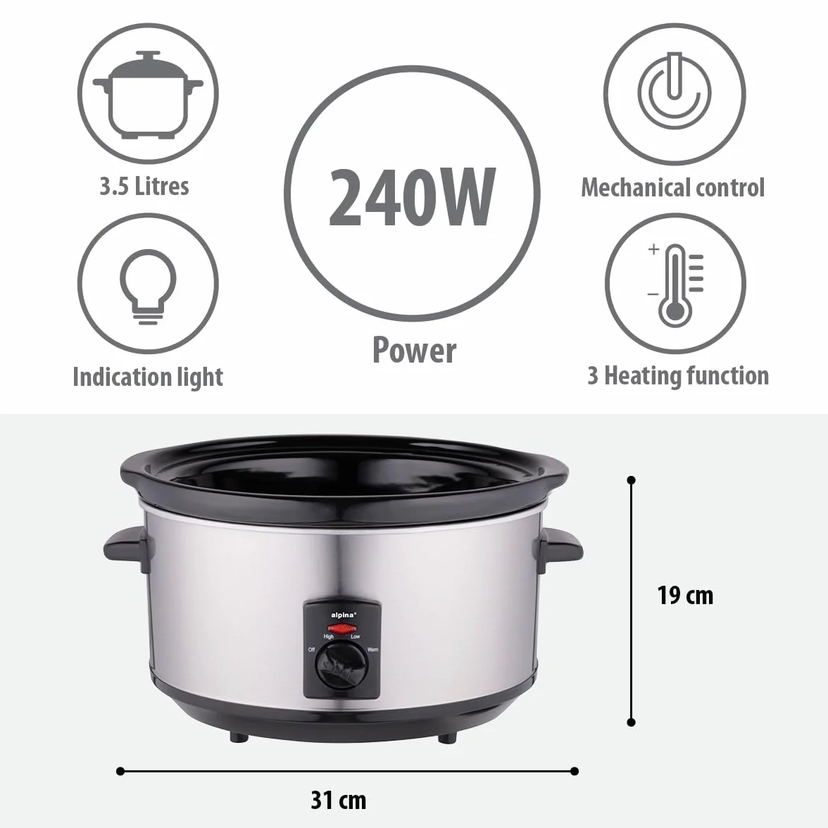 Alpina Slow Cooker 3,5L Ceramiczny Stal Nierdzewna 3 Stopnie Grzania