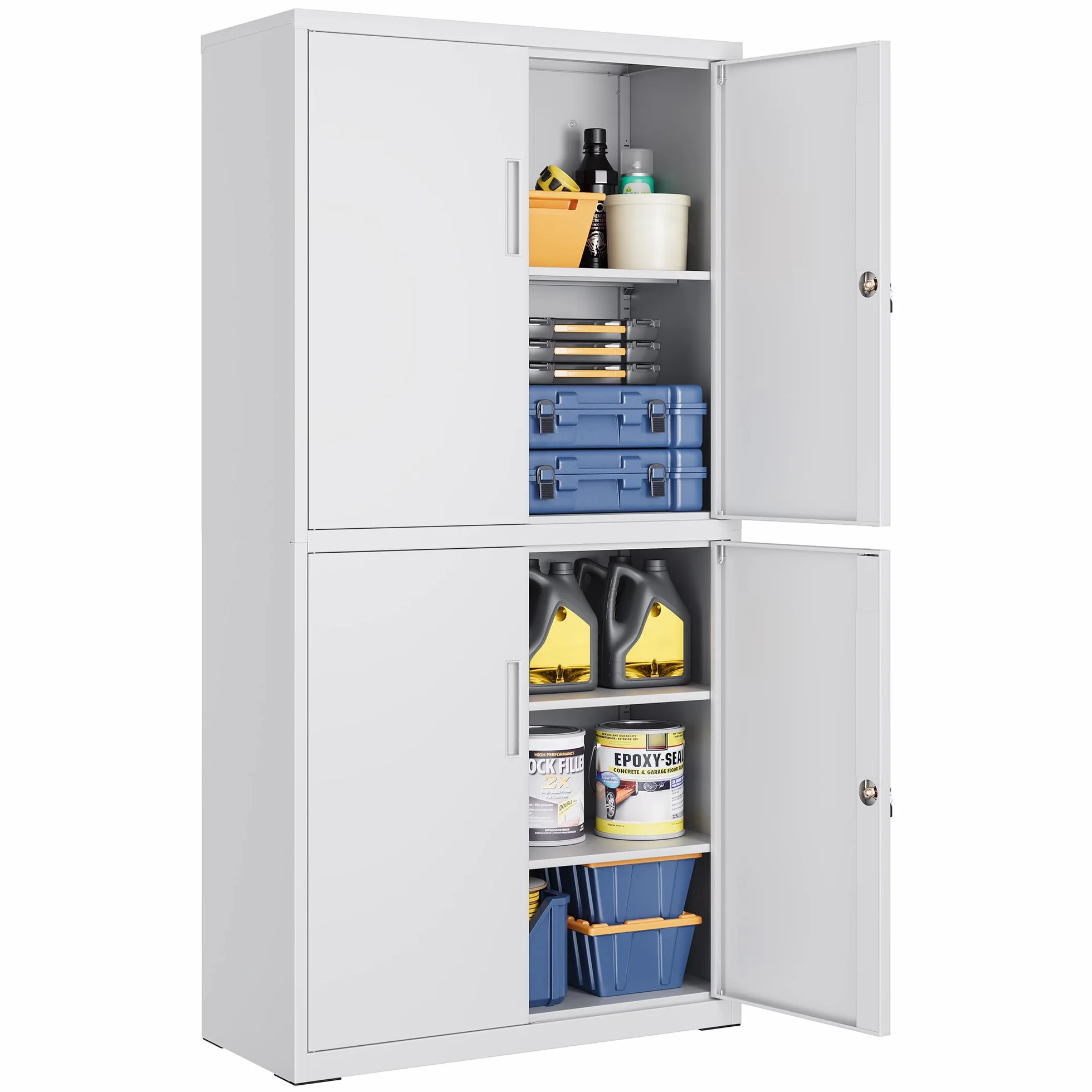 SONGMICS Metalowa szafka garażowa, wielofunkcyjna szafka na dokumenty z 4 drzwiami i 5 półkami, 40 x 80 x 180 cm, zamykana, z 2 zamkami, regulowanymi półkami, matowa szara OMC016G01