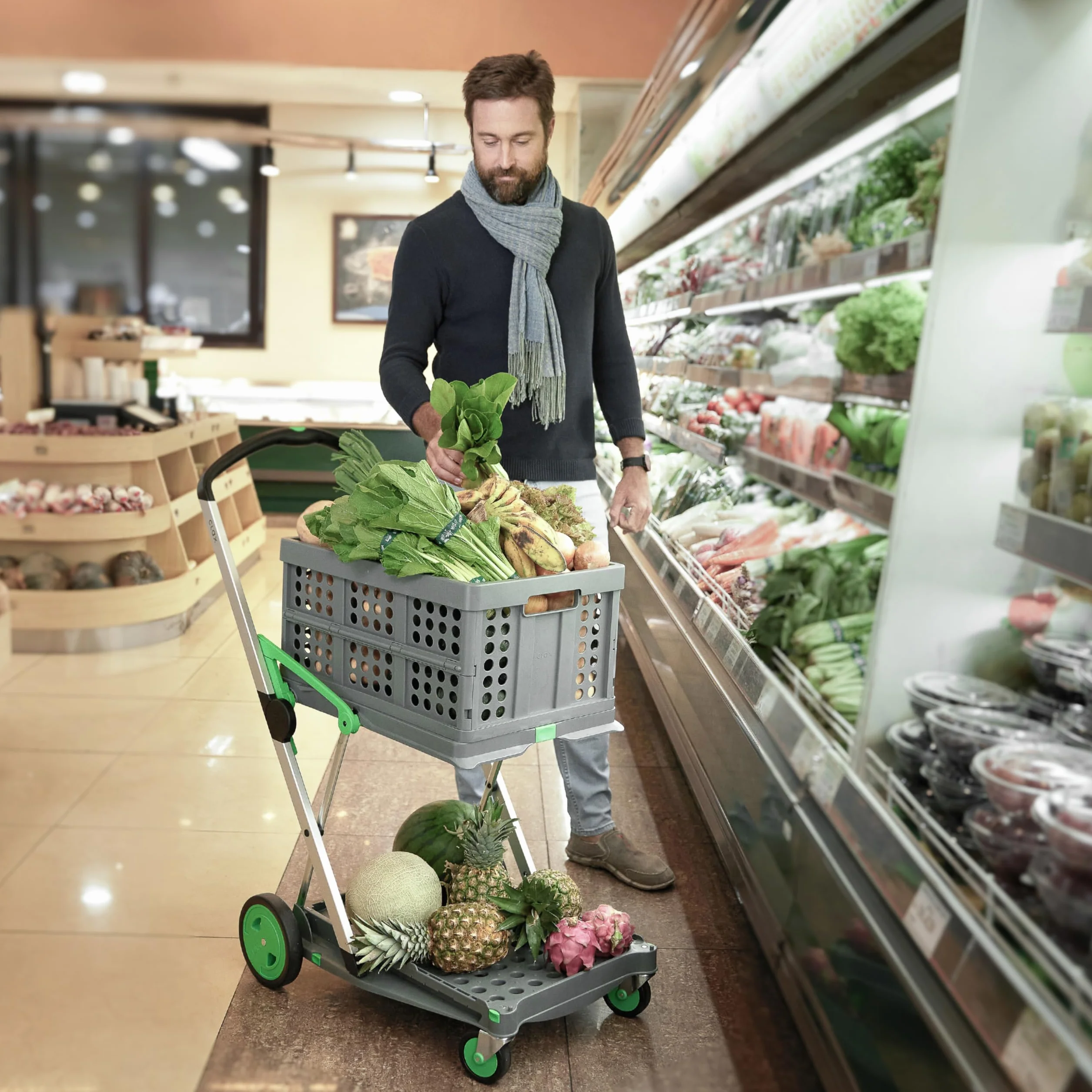 CLAX® Wielofunkcyjne funkcjonalne składane wózki, mobilny wózek składany, wózek na zakupy ze skrzynią do przechowywania, wózek platformowy (szary)