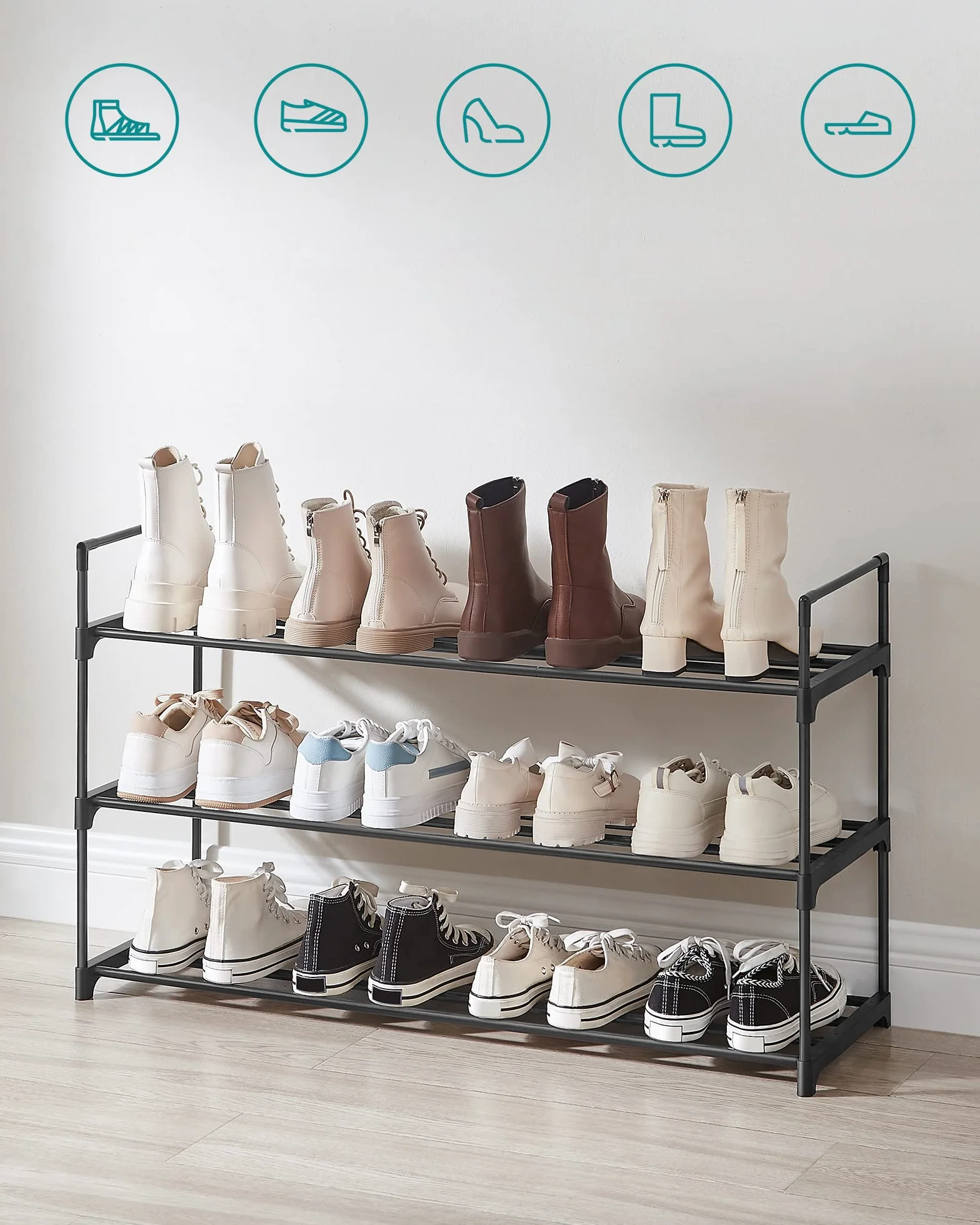 SONGMICS Regał na buty z 3 poziomami, metalowy schowek na buty, do 15 par butów, organizer na buty do salonu, przedpokoju i garderoby, 92 x 30 x 54 cm, czarny LSA13BK