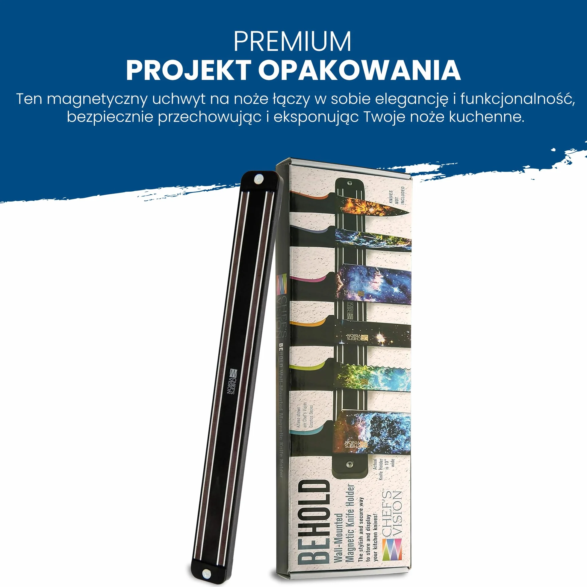 Czarny magnetyczny uchwyt ścienny na noże kuchenne (33,5 cm) - BEHOLD od Chef's Vision - Magnetyczny wieszak na noże kuchenne - Stylowy stojak na noże kuchenne - Idealny do kolorowych noży