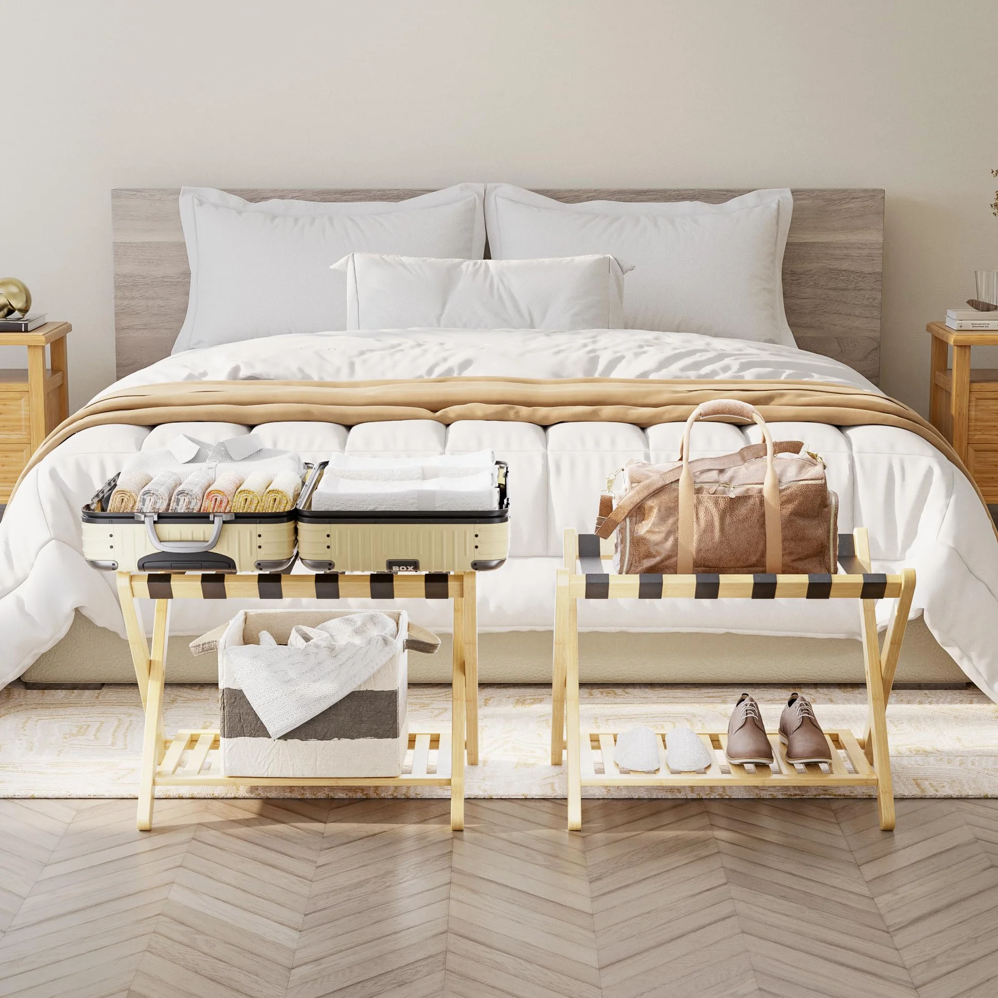 SMIBUY Bagażnik, składany bambusowy stojak na walizki z półką do przechowywania do pokoju gościnnego, sypialni, hotelu, Heavy-Duty (naturalny i czarny)