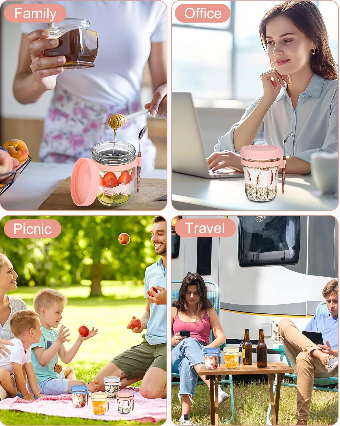 4 sztuk pojemnik owsiany, nocne okulary owsiane, okulary owsiane na nocleg, szklany muelibecher do dzieci, z pokrywką i łyżką, kubek jogurtu, słoik mason, jogurt do kubka, kubek sałatek, 350 ml