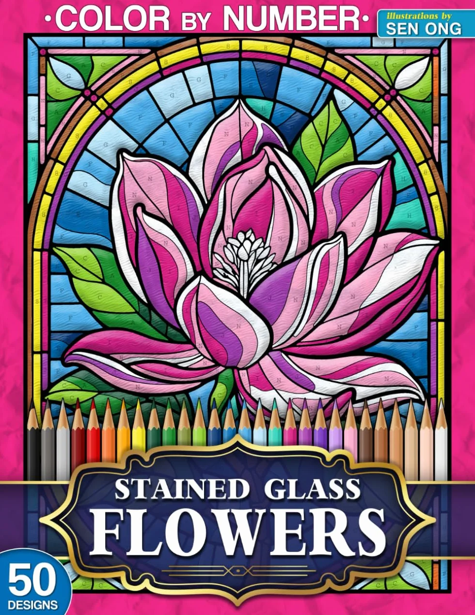 Beautiful Flowers Stained Glass Color by Number: 50 Exquisite Floral Designs for Relaxation and Joy
