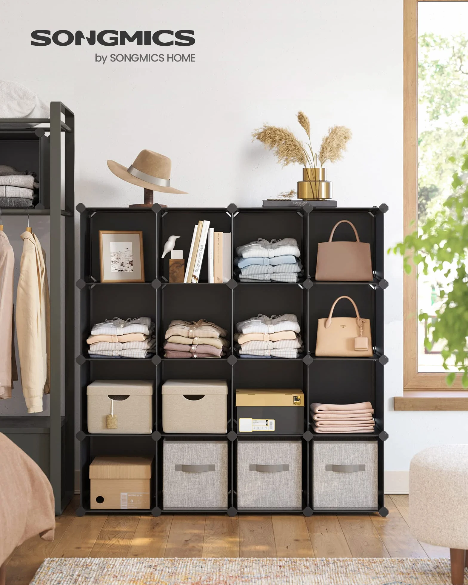 SONGMICS Modułowa szafka na buty 16 kostek 31 x 123 x 123 cm czarna LPC44BK