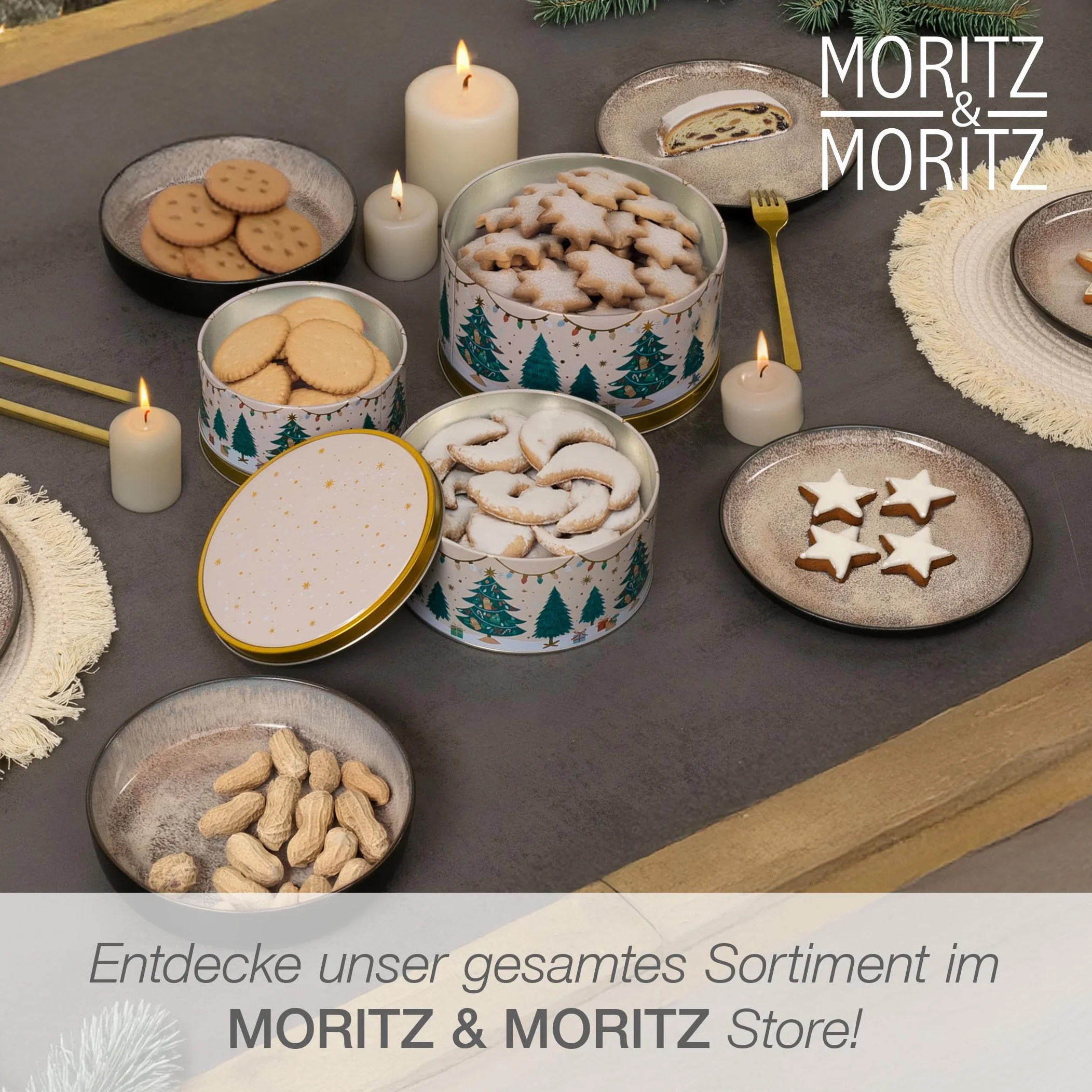 Moritz & Moritz Metalowa puszka na ciasteczka, na Boże Narodzenie, zestaw 3 sztuk, okrągła, blaszana puszka z pokrywką o świątecznym wzornictwie, pojemniki na ciasteczka, ciasteczka, wypieki i