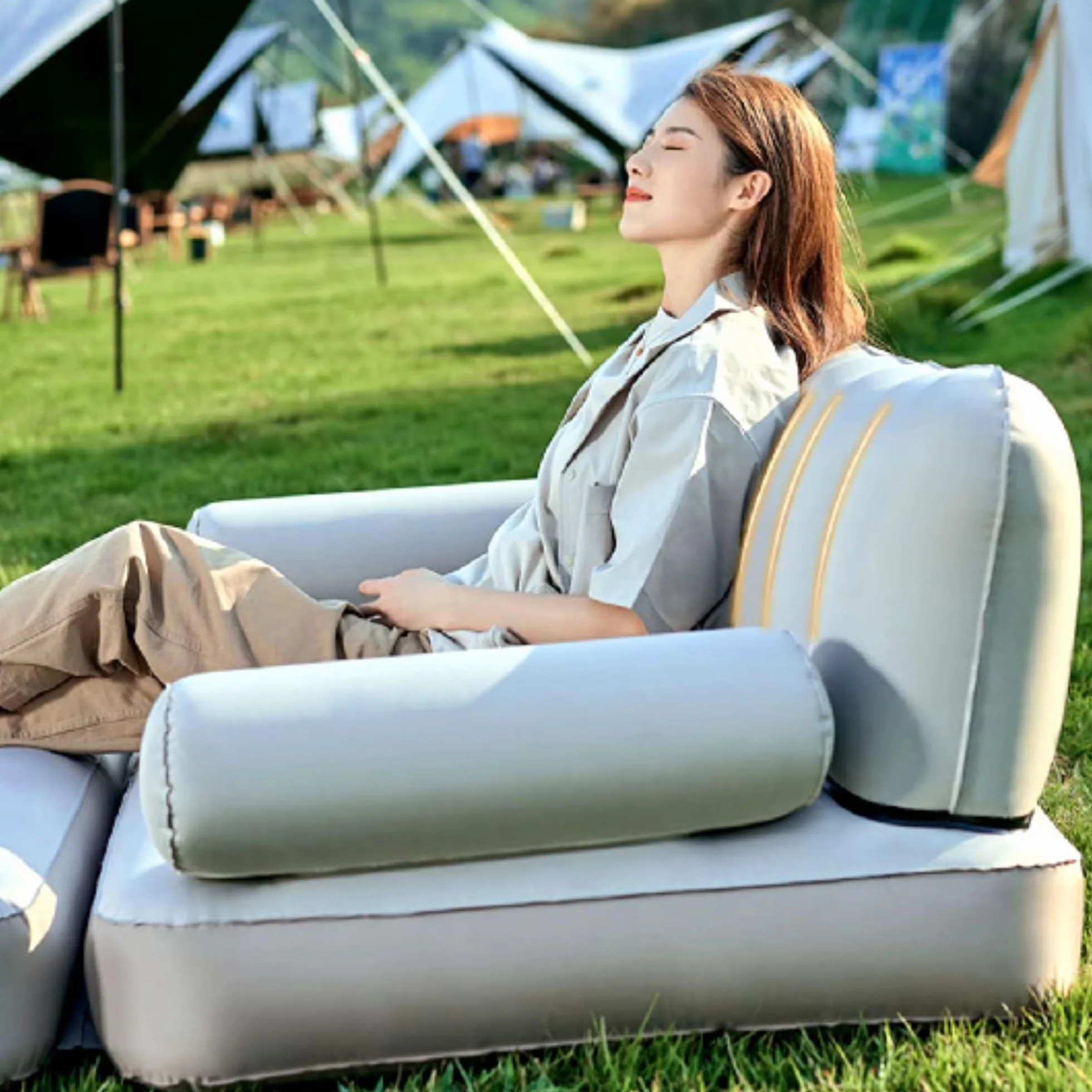 Sofa dmuchana 3 w 1, nadmuchiwana sofa do spania, łóżko dmuchane dla 2 osób, materac dmuchany dla gości, na kemping lub do użytku domowego, sofa dmuchana – SOFLINKA