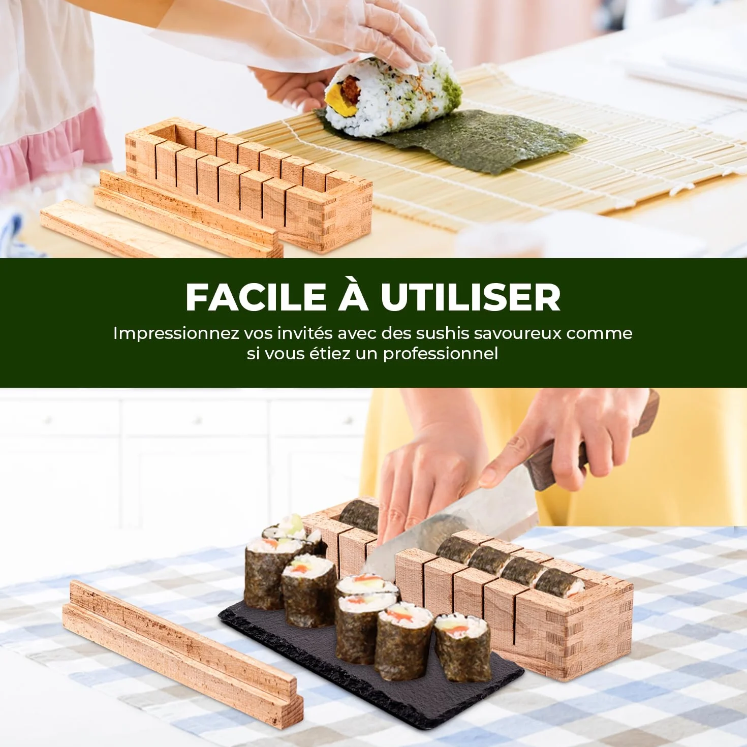 Drewniany zestaw sushi z akcesoriami, maszyna do sushi, pałeczki, talerze łupkowe Maki