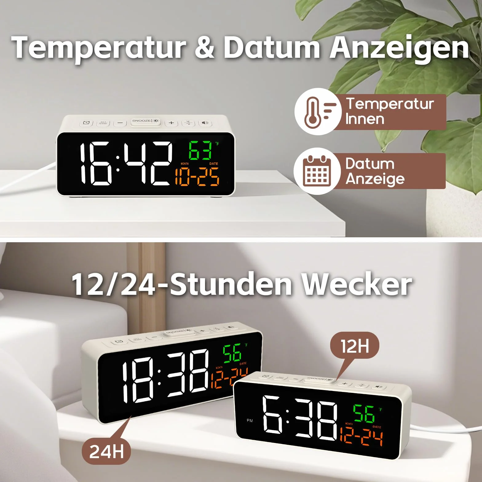 Netzu cyfrowy budzik mały, budzik nocny z wyświetlaczem temperatury, datą, 4 poziomami jasności, 3 poziomami głośności, drzemka, 12/24 godziny, głośny budzik do salonu sypialni (Biały)