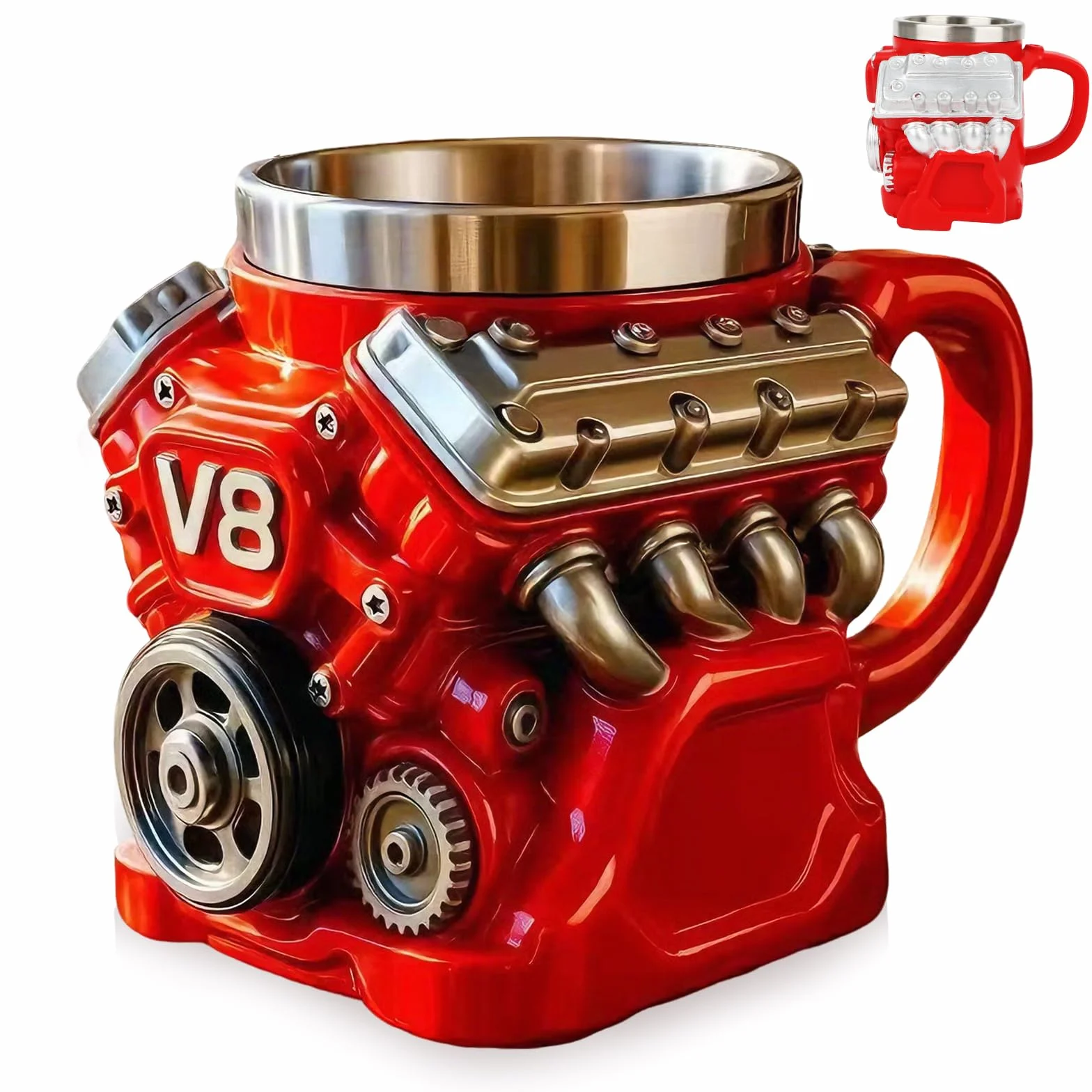 V8 Kubek do kawy z silnikiem V8 ze stali nierdzewnej, podwójne ścianki, izolowany, szczegółowy design, idealny prezent dla mężczyzn i taty