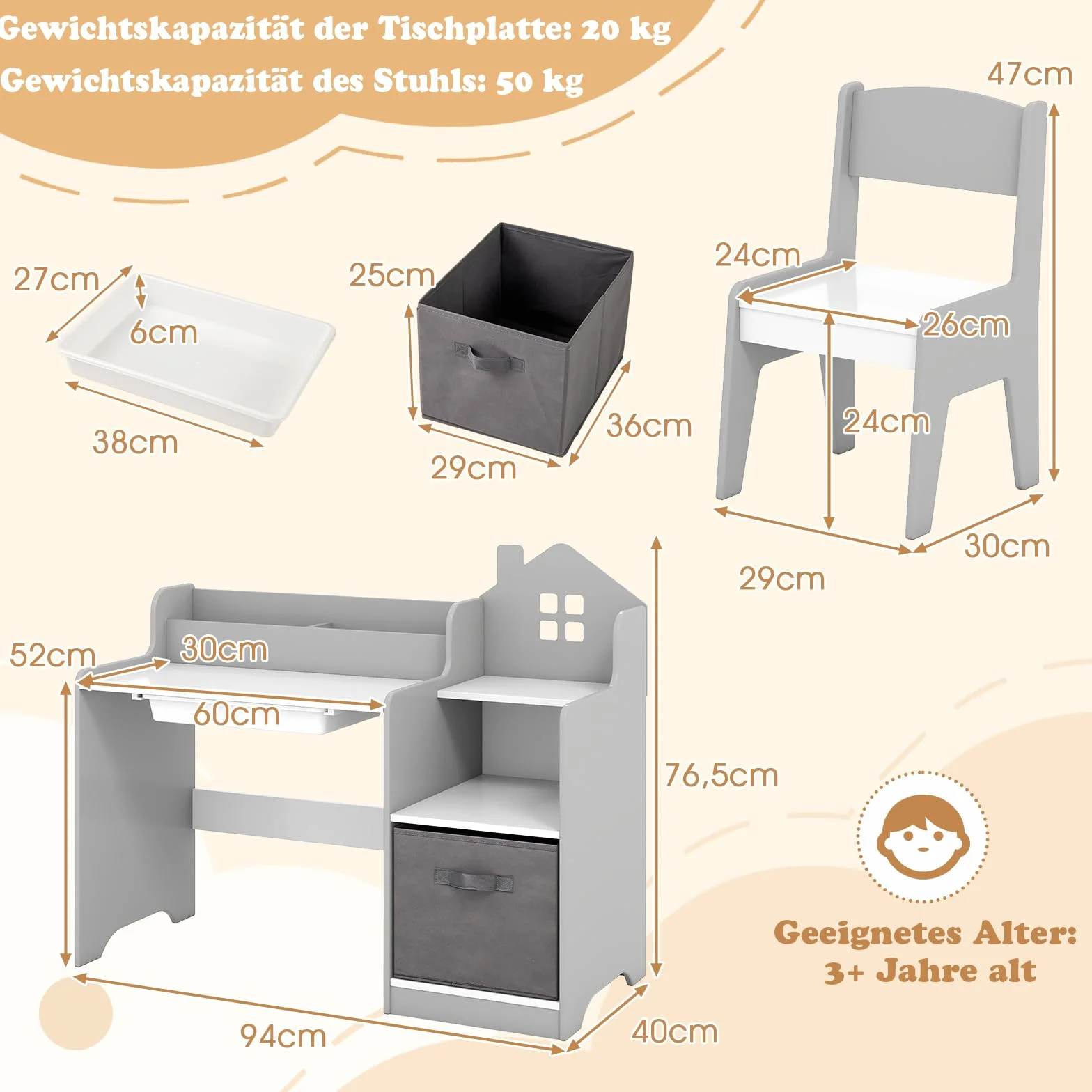 COSTWAY Biurko dla dzieci, biurko dziecięce z krzesłem, szufladą, otwartymi półkami i pojemnikami z materiału, drewno w kształcie domu, biurko młodzieżowe dla dzieci od 3 lat (szare)