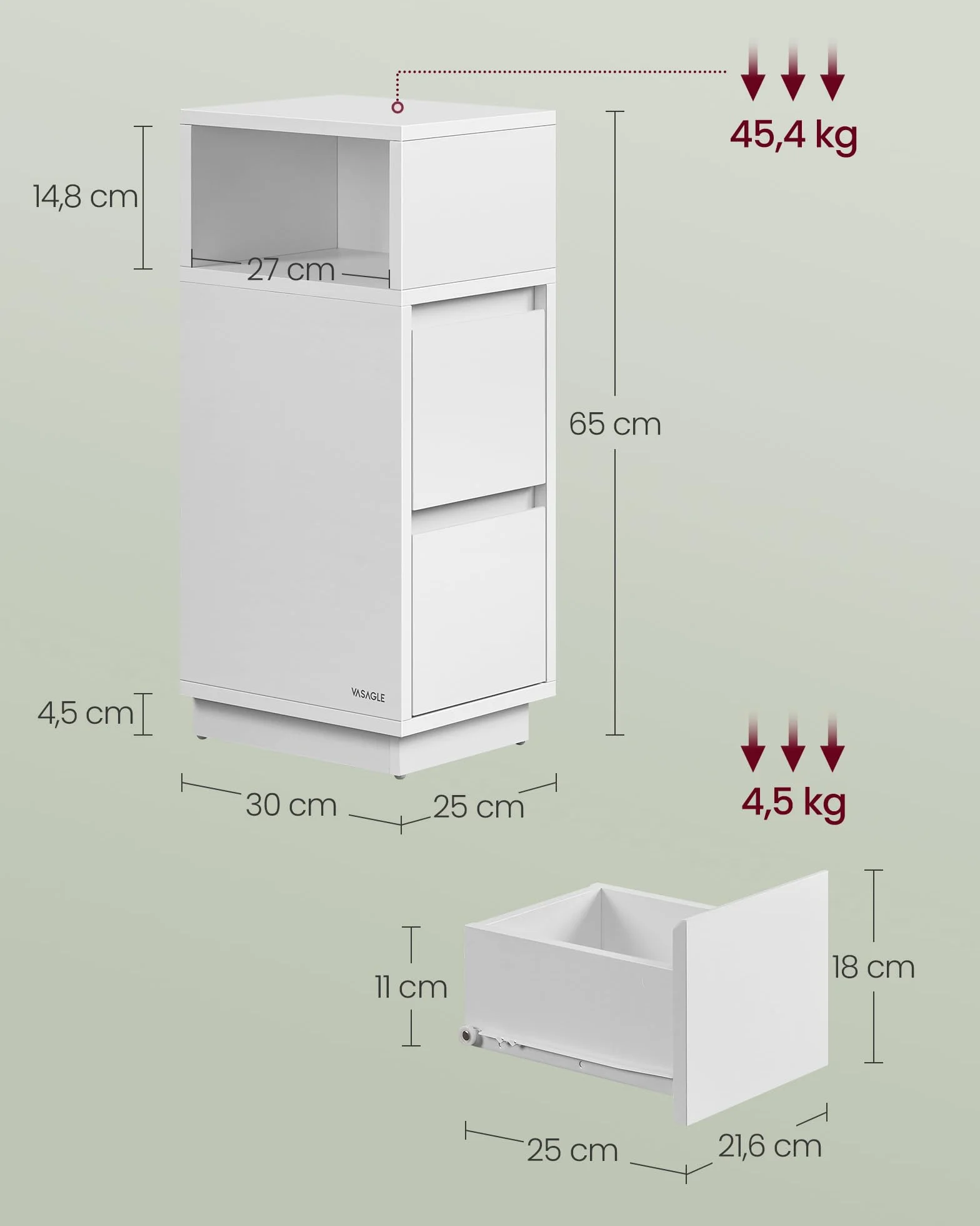 VASAGLE Stolik nocny wąski z 2 szufladami, otwarta komora, biały LET656W01