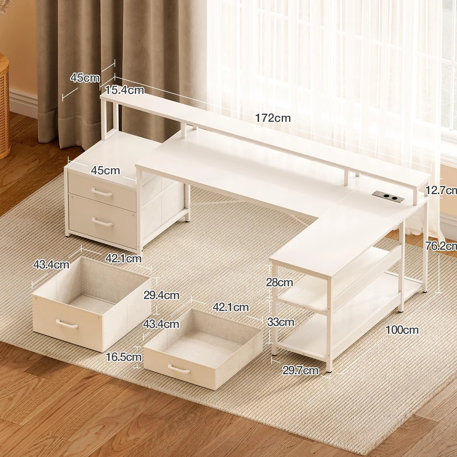 ODK Biurko Narożnikowe L 172.5 x 100 cm z Gniazdem USB, Biały
