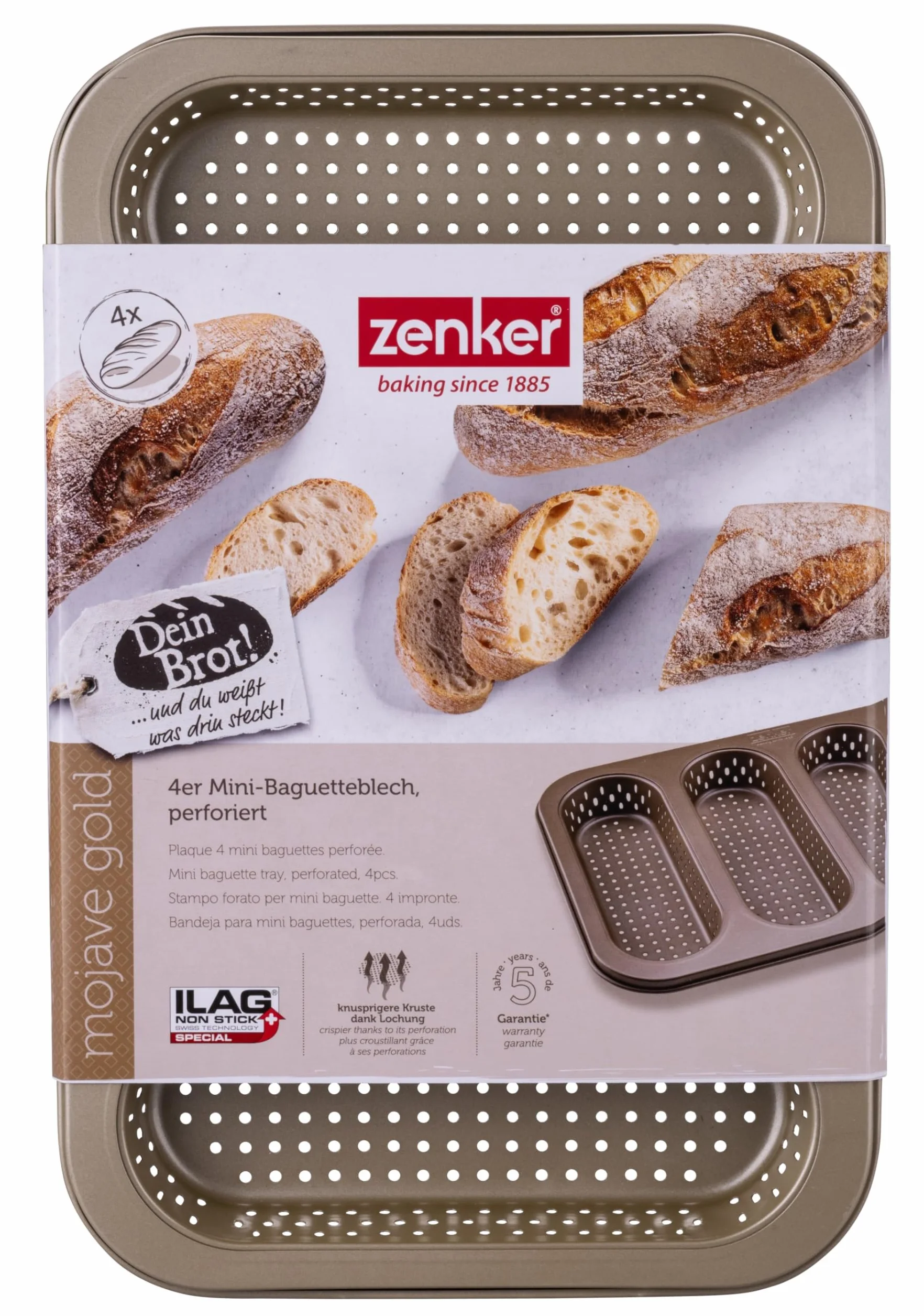 Zenker 4-częściowa blacha do bagietek mini – perforowana forma do pieczenia chrupiących bagietek – powłoka zapobiegająca przywieraniu – odporna na temperaturę do +230°C, 34 x 22 x 3 cm