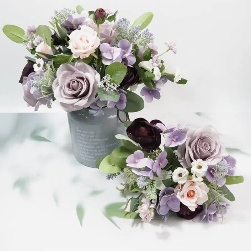 Fioletowy bukiet ślubny panny młodej druhny jedwabna wstążka róże sztuczne kwiaty trzymające panna młoda Mariage akcesoria ślubne dobrodziejstw (Color : Small style bouquet)