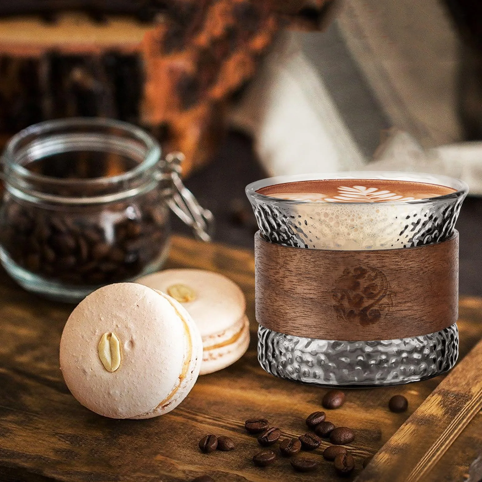 Zestaw 2 filiżanek do espresso, szklanych, 150 ml, z drewnianym pierścieniem odpornym na oparzenia, filiżanki do espresso i mokki do espresso, herbaty, mokki