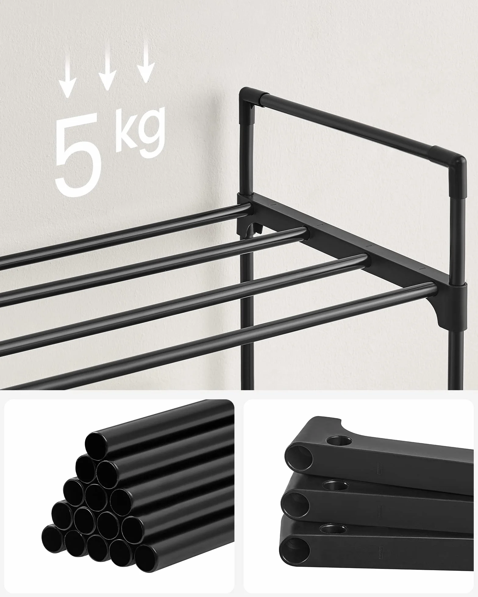 SONGMICS Regał na buty z 3 poziomami, metalowy schowek na buty, do 15 par butów, organizer na buty do salonu, przedpokoju i garderoby, 92 x 30 x 54 cm, czarny LSA13BK