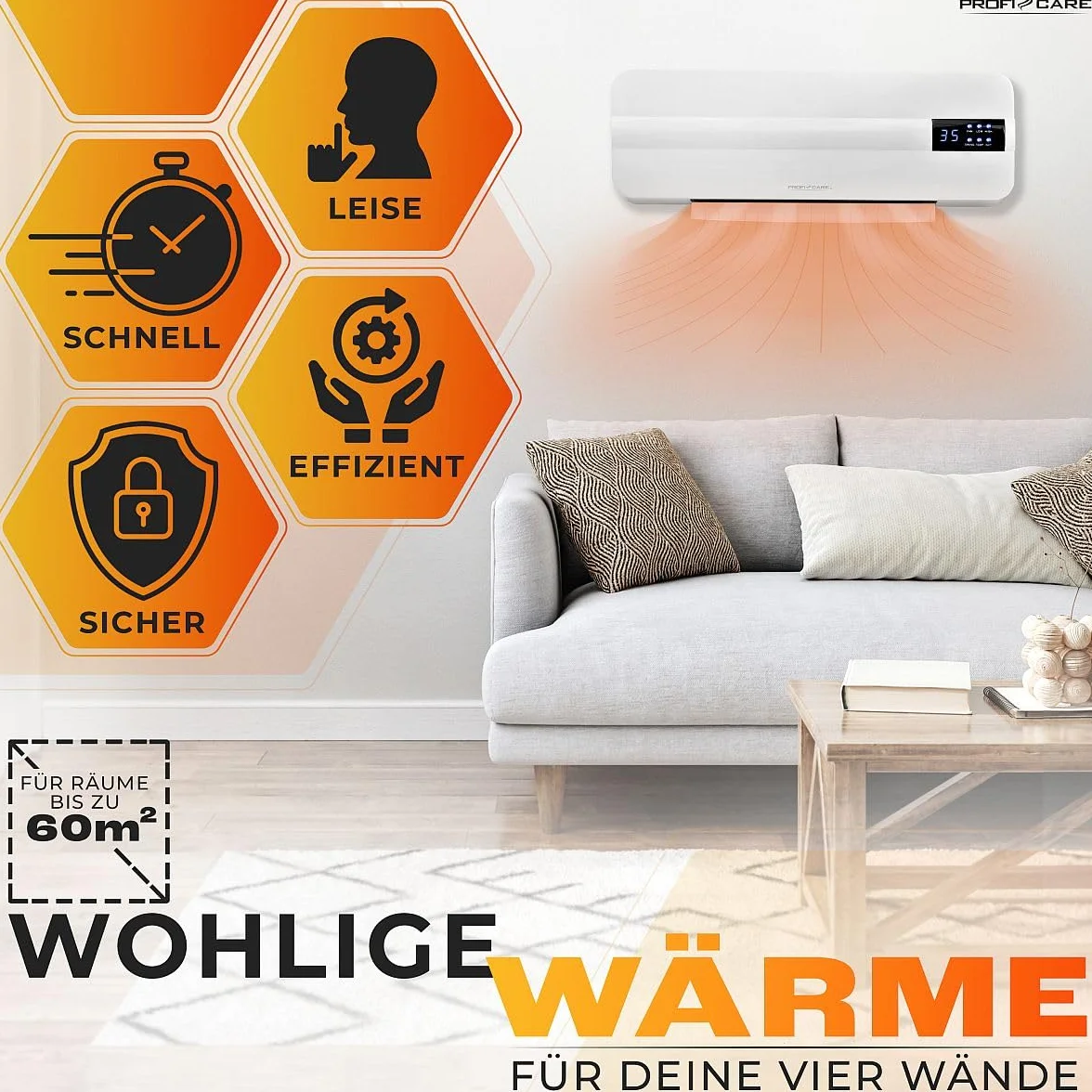 Proficare, PC-HL3116 Biały ceramiczny grzejnik ścienny, 2000W, do pomieszczeń do 60 m², Pilot zdalnego sterowania, Cyfrowa regulacja 18-45°C, Funkcja oscylacji, Zabezpieczenie przed przegrzaniem