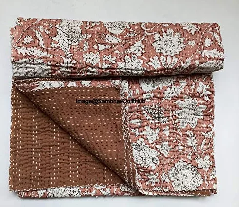 Indyjski blok na rękę, kwiatowy nadruk, ręcznie robiona bawełna Kantha, pikowanie, boho, narzuta, koc, hipisowska królowa, rozmiar king size, boho, blok Kantha, kołdra, 152 x 228 cm
