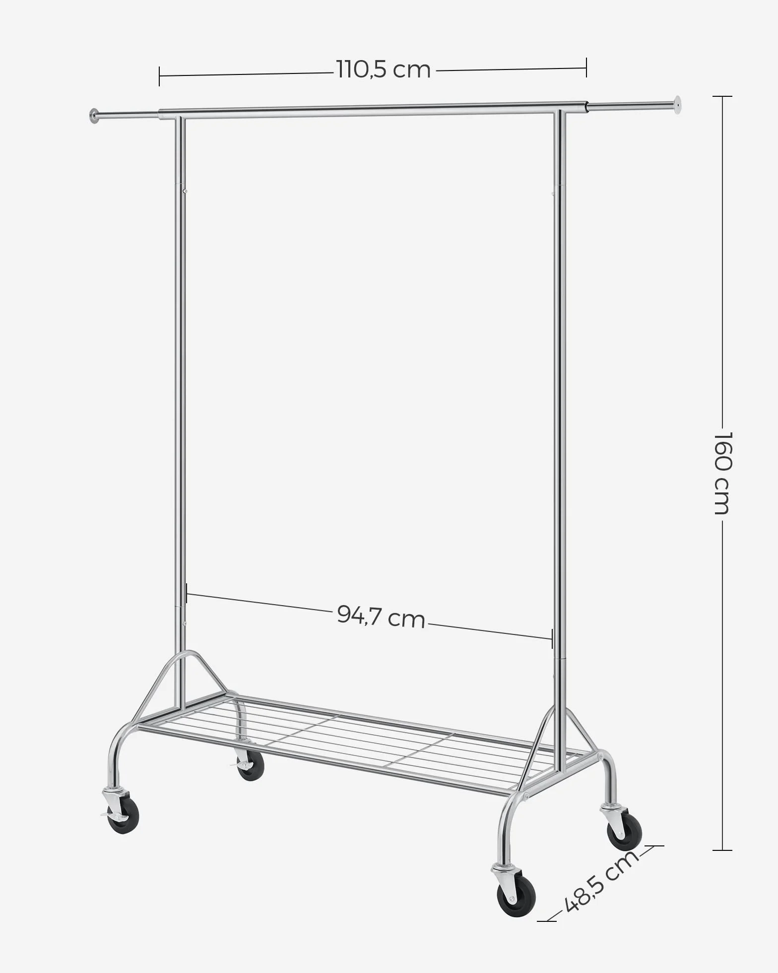SONGMICS Wieszak na ubrania z metalu, do dużych obciążeń, z półką na buty, na kółkach, obciążenie do 50 kg, długość 110,5 – 150,5 cm, chromowany, HSR02S