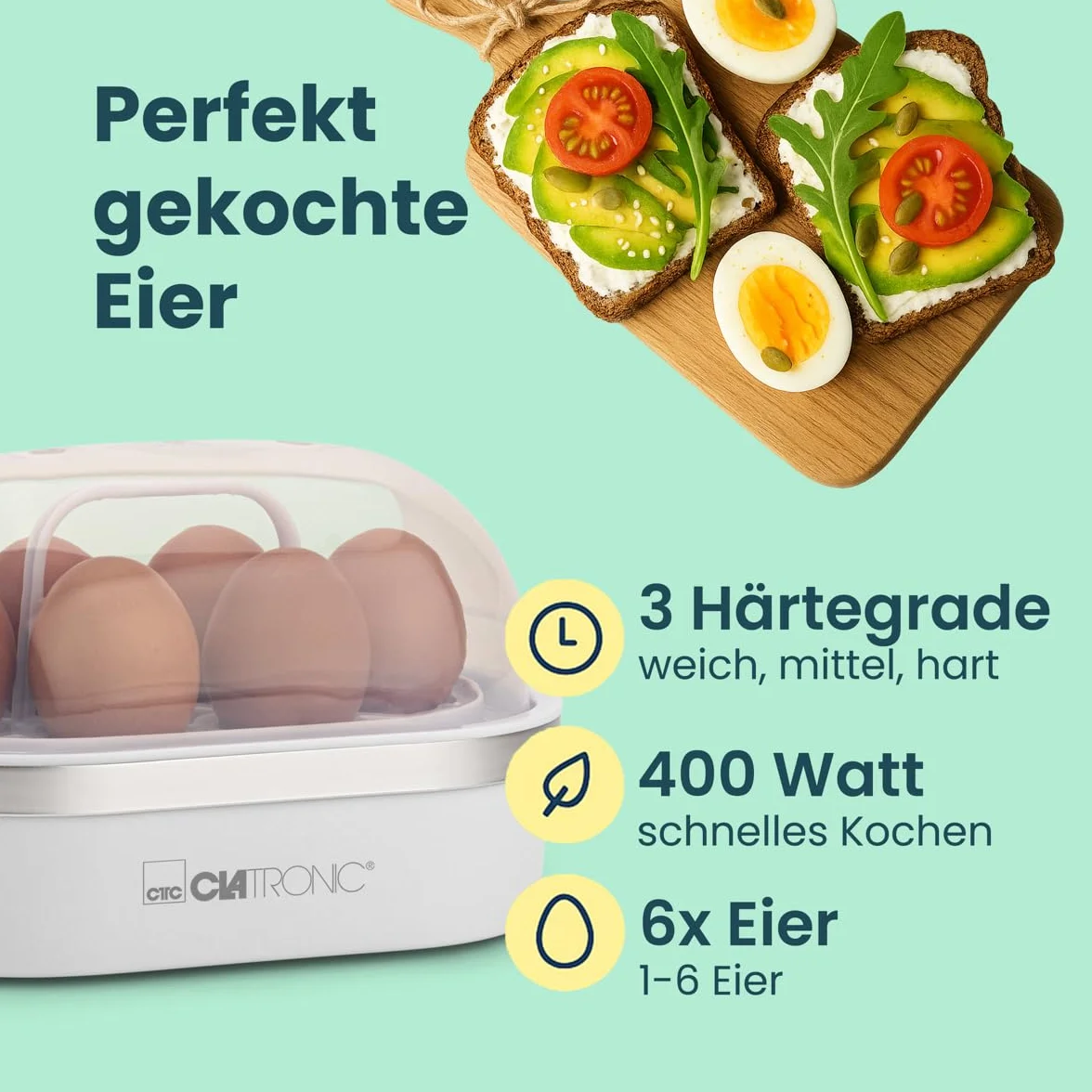 Clatronic® EK 3497 Jajowar na 6 Jajek z Powłoką Zapobiegającą Przywieraniu, Elektryczny z Uchwytem i Kubkiem na Noże z Ostrzem