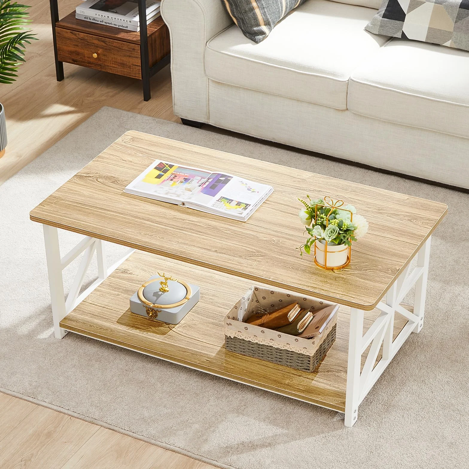 GreenForest Okrągły Narożny Stolik 100 cm z Półką, 2-poziomowa Rama X, Nowoczesny Design