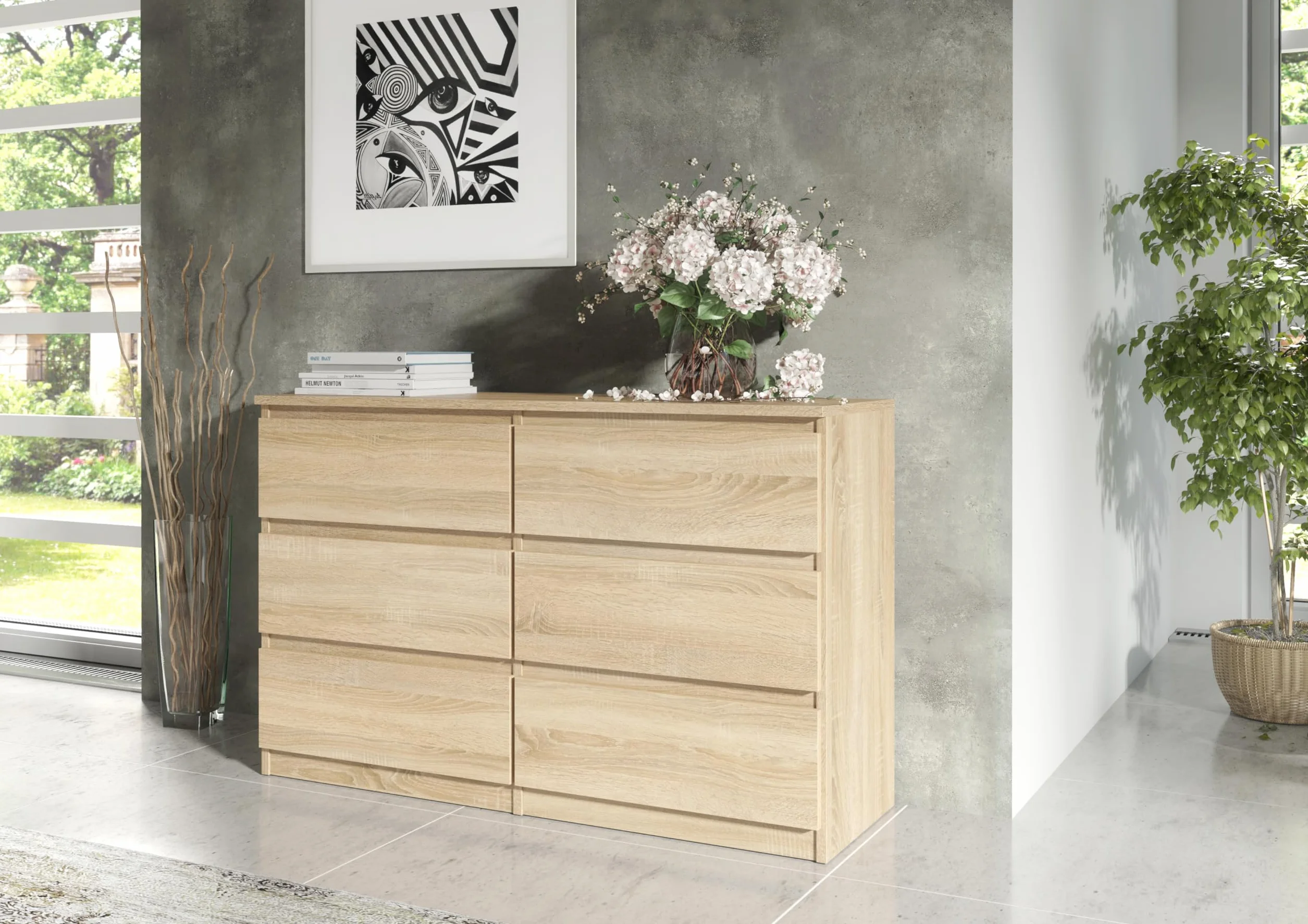 Meble Masztalerz Komoda Dąb Sonoma Mat 6 szuflad 138,6x78,5x39 cm do salonu sypialni